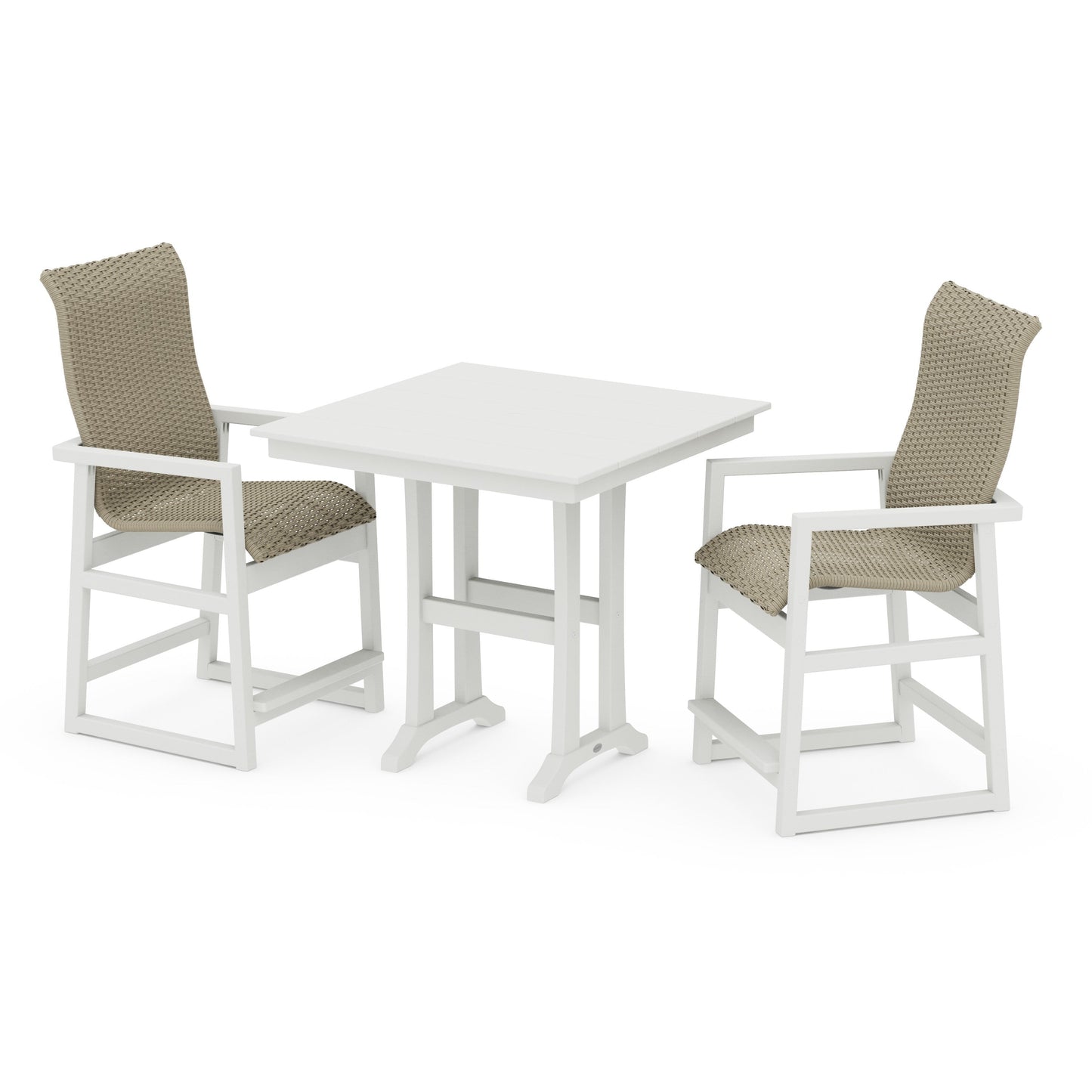 POLYWOOD EDGE Woven Highback 3-Piece Farmhouse Counter Set with Trestle Legs — White / Dune Grass