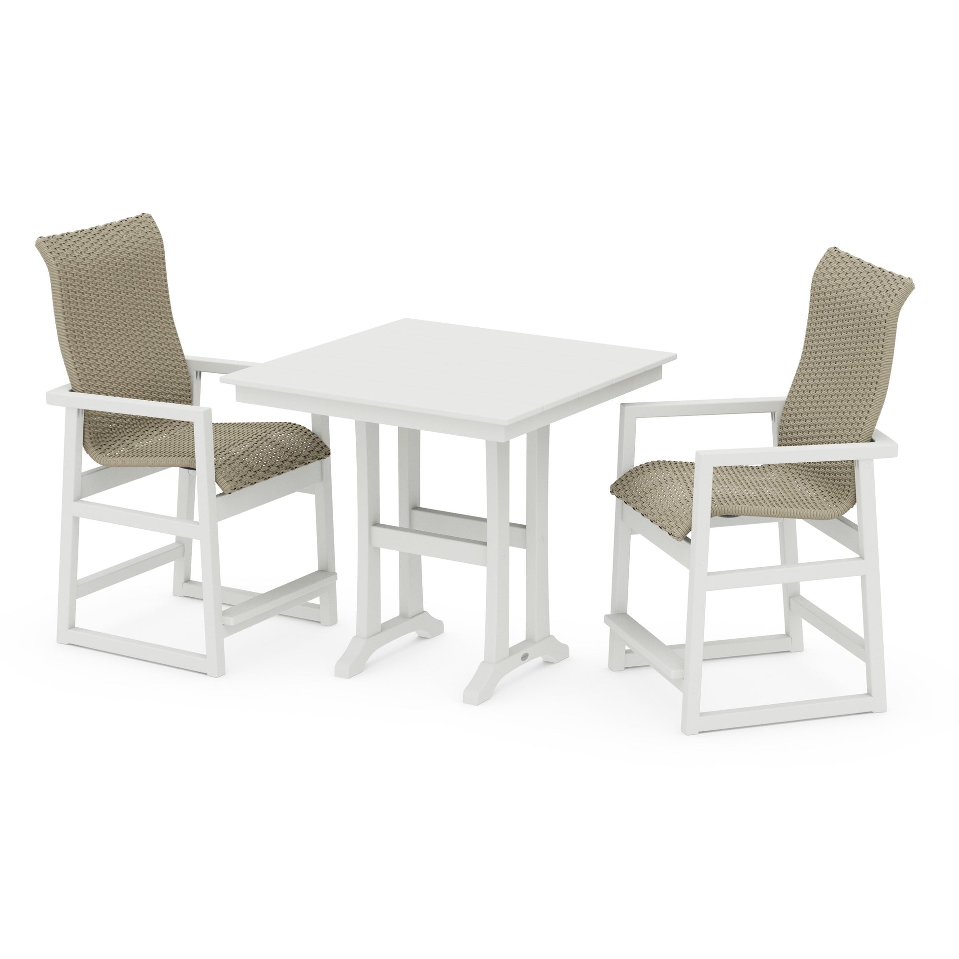POLYWOOD EDGE Woven Highback 3-Piece Farmhouse Counter Set with Trestle Legs — White / Dune Grass