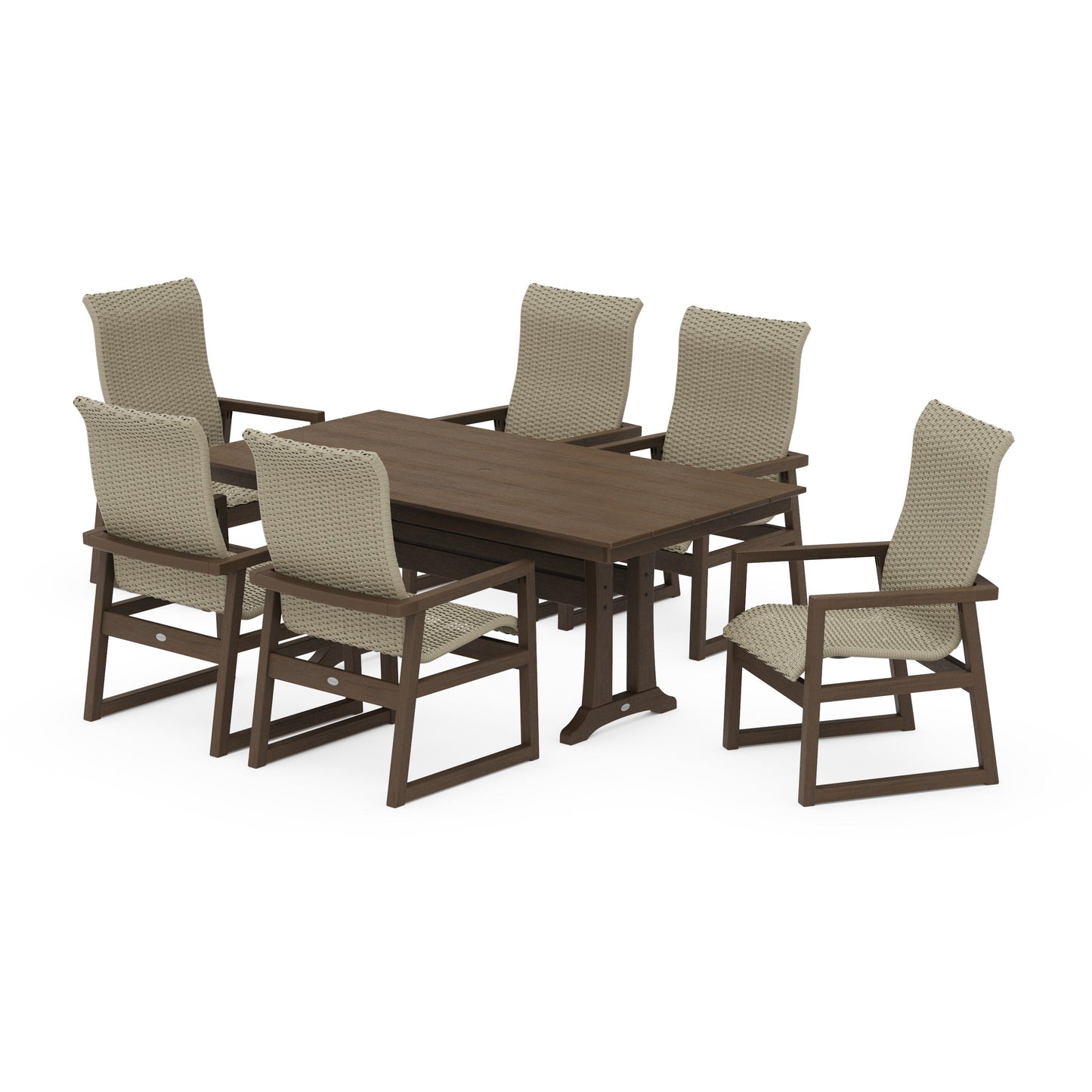 POLYWOOD EDGE Woven Highback Arm Chair 7-Piece Farmhouse Dining Set with Trestle Legs — Kona / Dune Grass