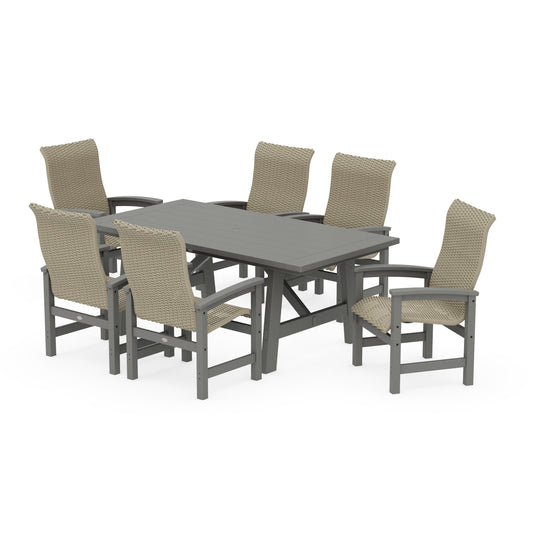 POLYWOOD Coastal Woven High-Back Arm Chair 7-Piece Rustic Farmhouse Dining Set — Slate Grey / Dune Grass