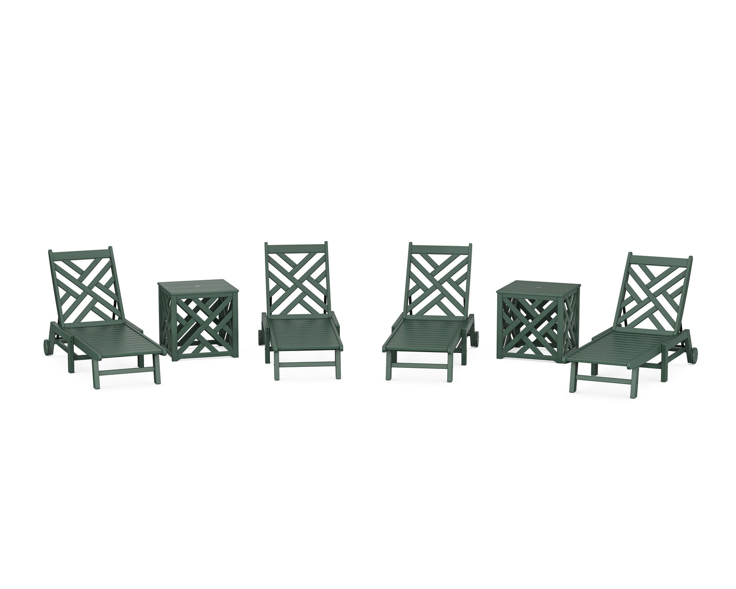 POLYWOOD Chippendale 6-Piece Chaise Set with Wheels and Umbrella Stand Accent Table — Green