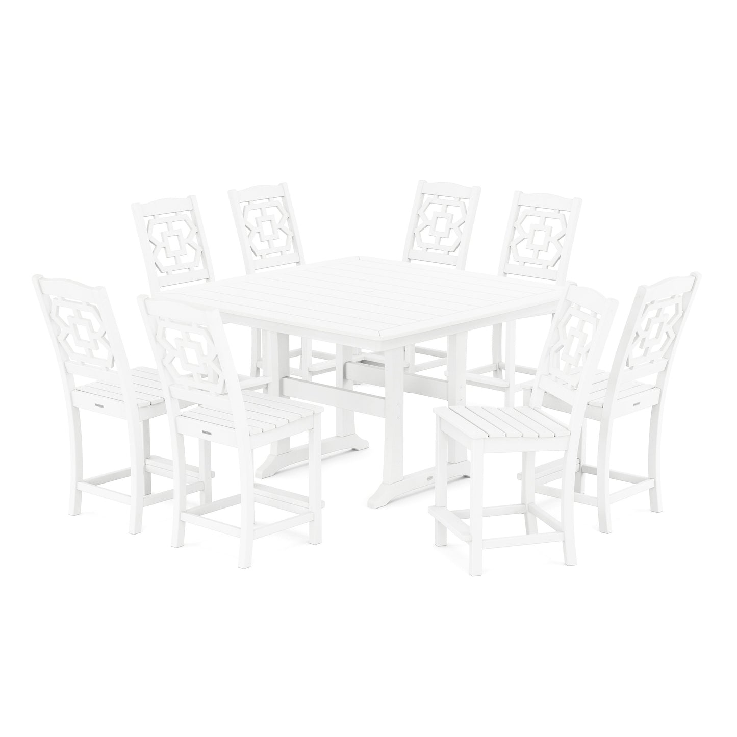 POLYWOOD Chinoiserie 9-Piece Square Side Chair Counter Set with Trestle Legs — White