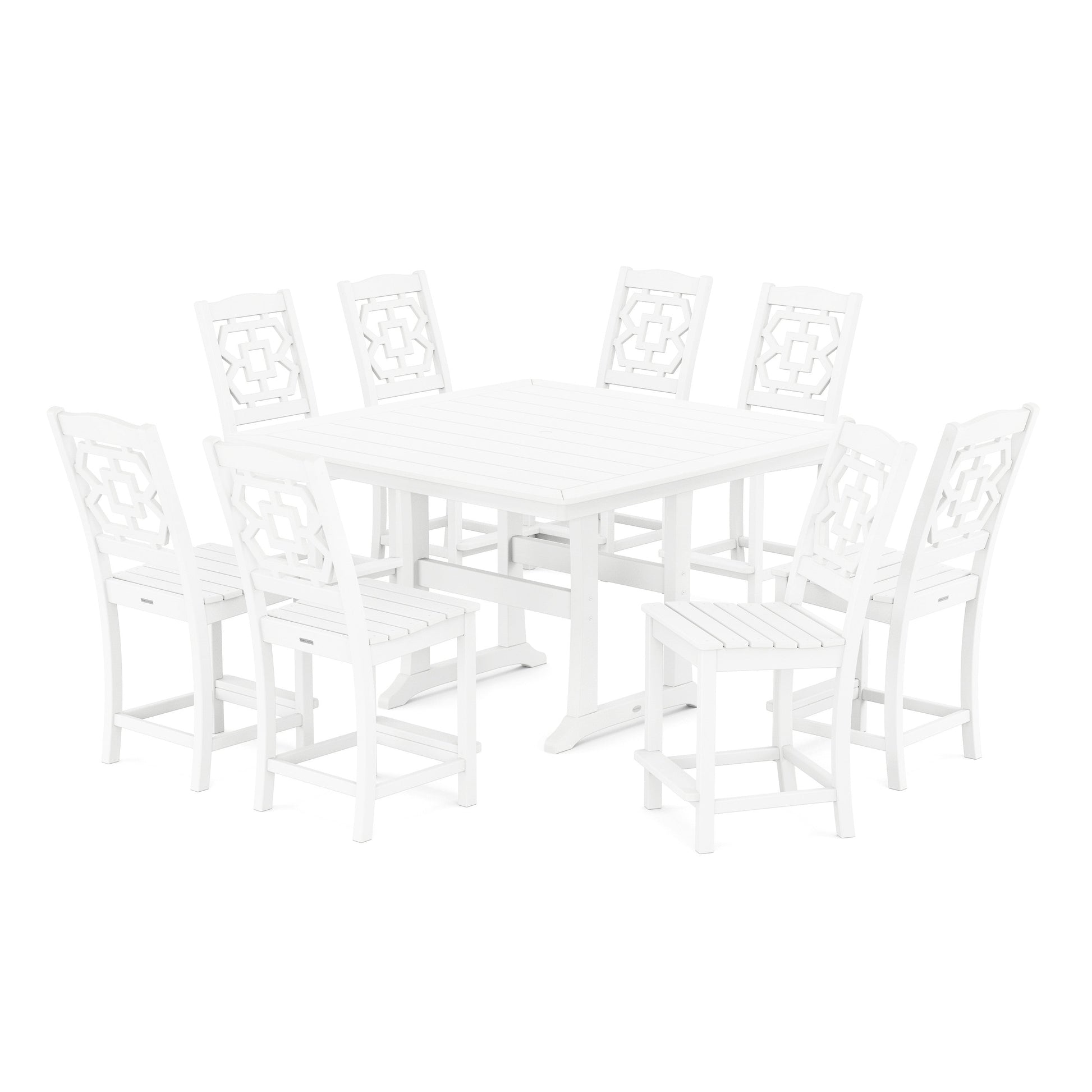 POLYWOOD Chinoiserie 9-Piece Square Side Chair Counter Set with Trestle Legs — White