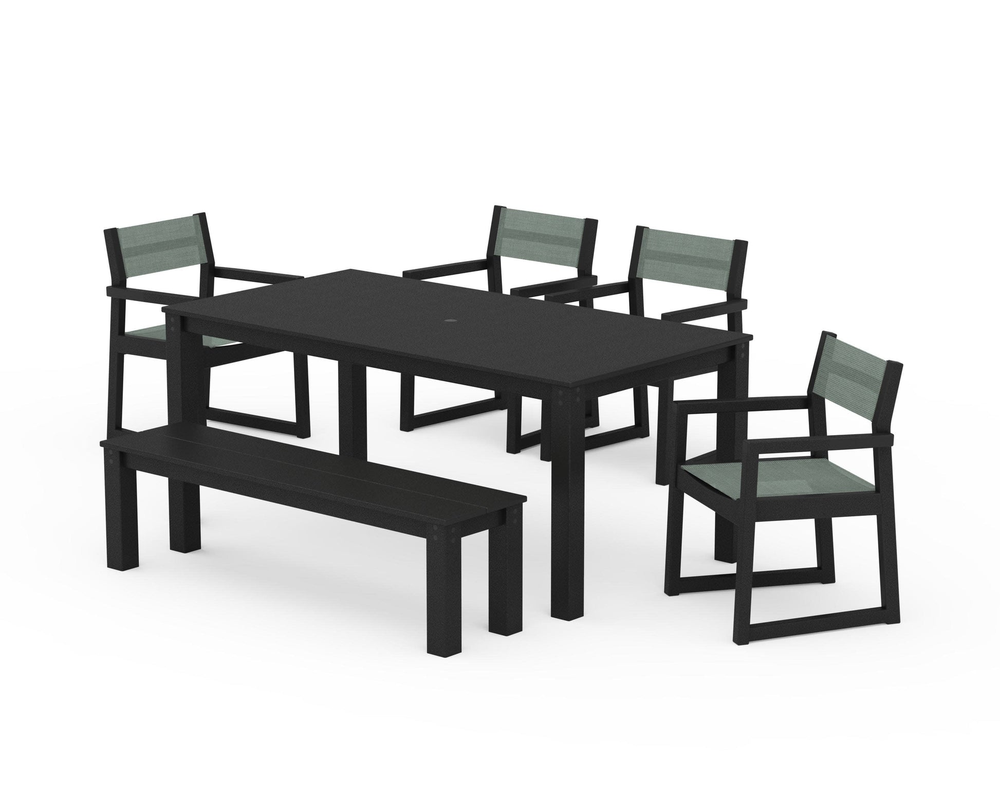 POLYWOOD EDGE Sling Arm Chair 6-Piece Parsons Dining Set with Bench — Black / Dupioni Sea Mist Sling