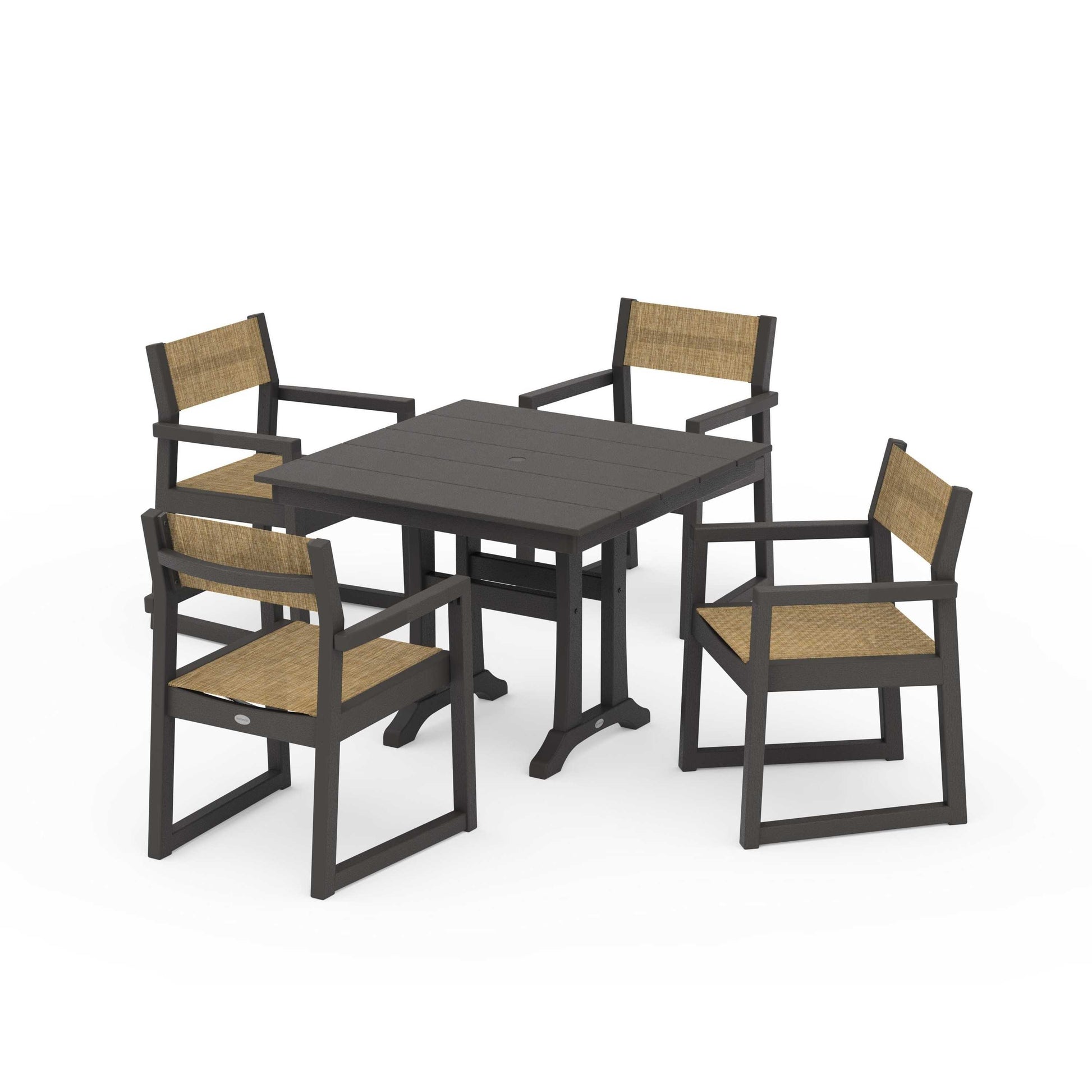 POLYWOOD EDGE Sling 5-Piece Farmhouse Dining Set with Trestle Legs — Vintage Coffee / Burlap Sling