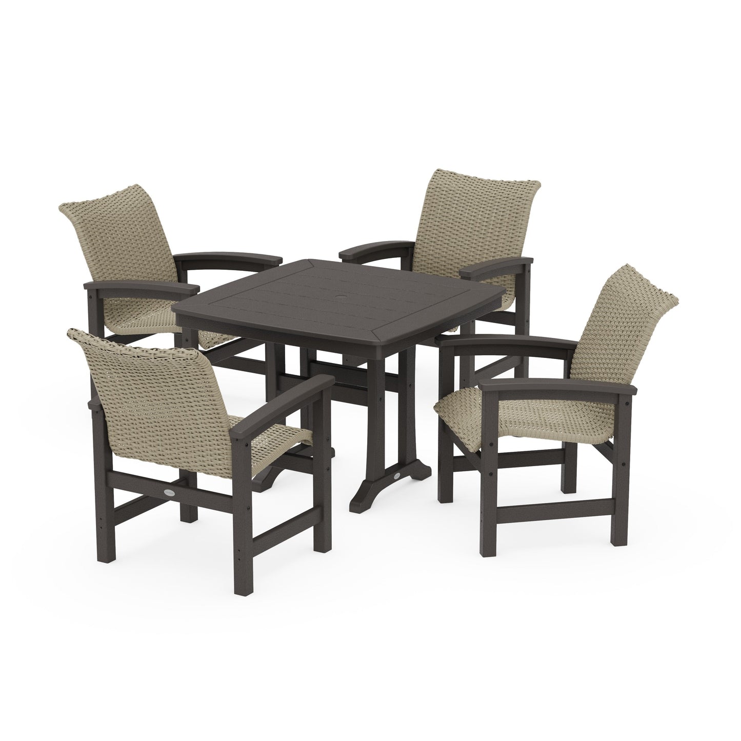 POLYWOOD Coastal Woven 5-Piece Dining Set with Trestle Legs — Vintage Coffee / Dune Grass