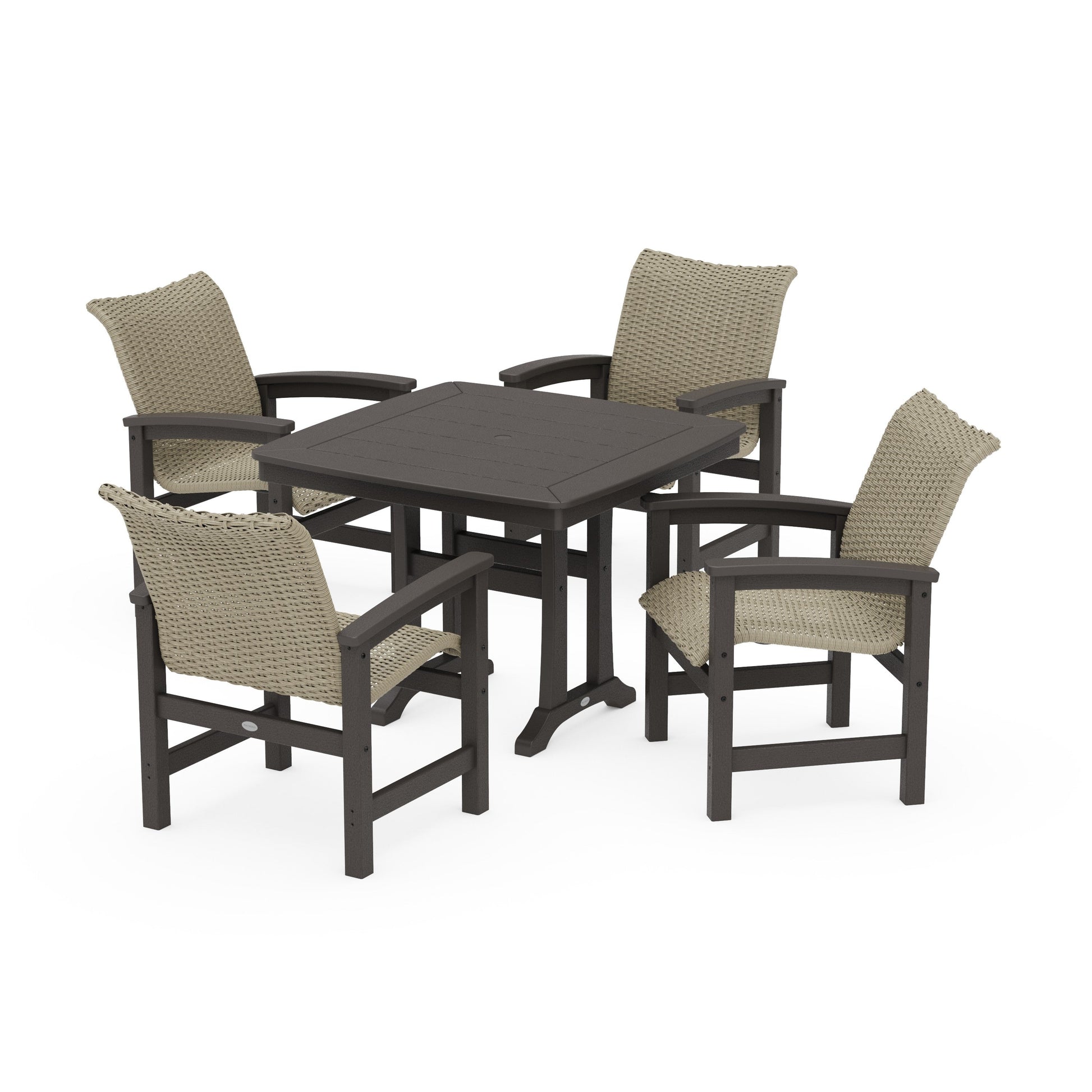 POLYWOOD Coastal Woven 5-Piece Dining Set with Trestle Legs — Vintage Coffee / Dune Grass
