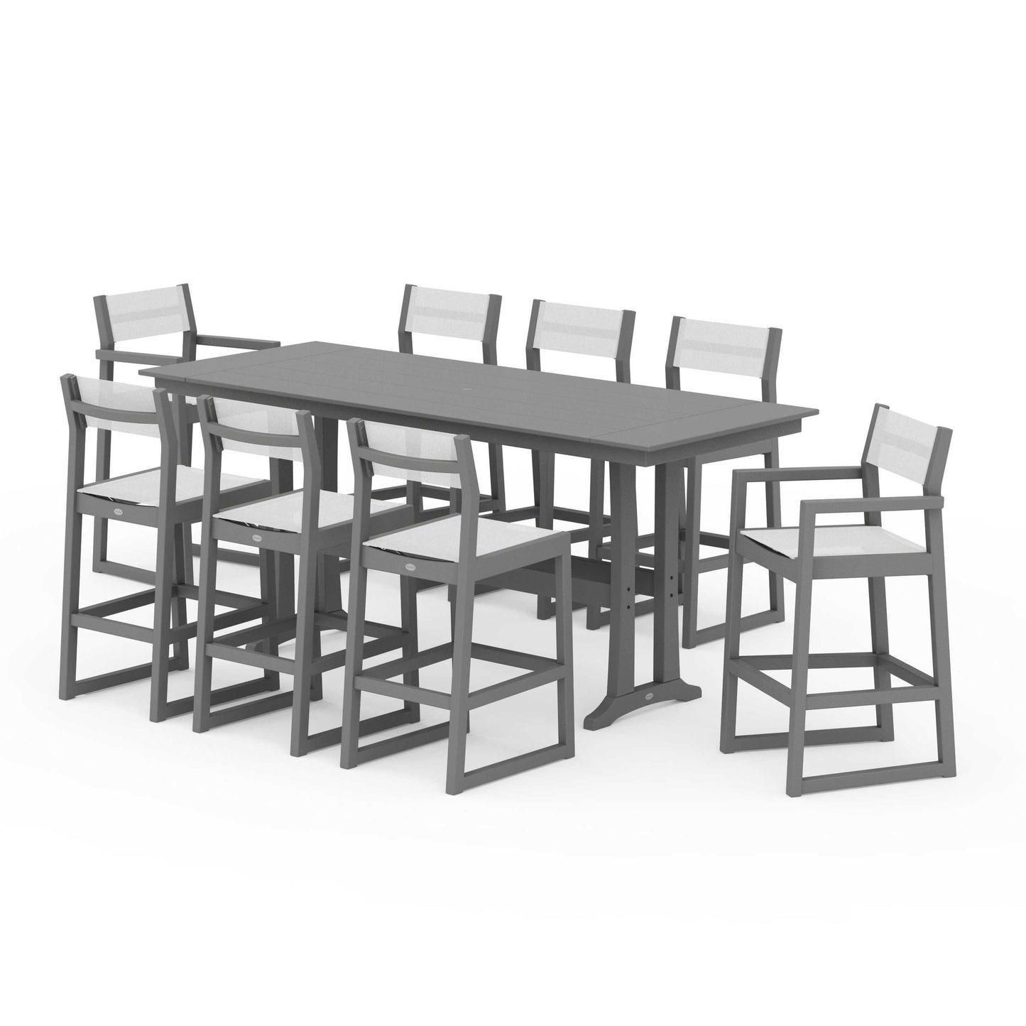 POLYWOOD EDGE Sling 9-Piece Farmhouse Bar Set with Trestle Legs — Slate Grey / White Sling