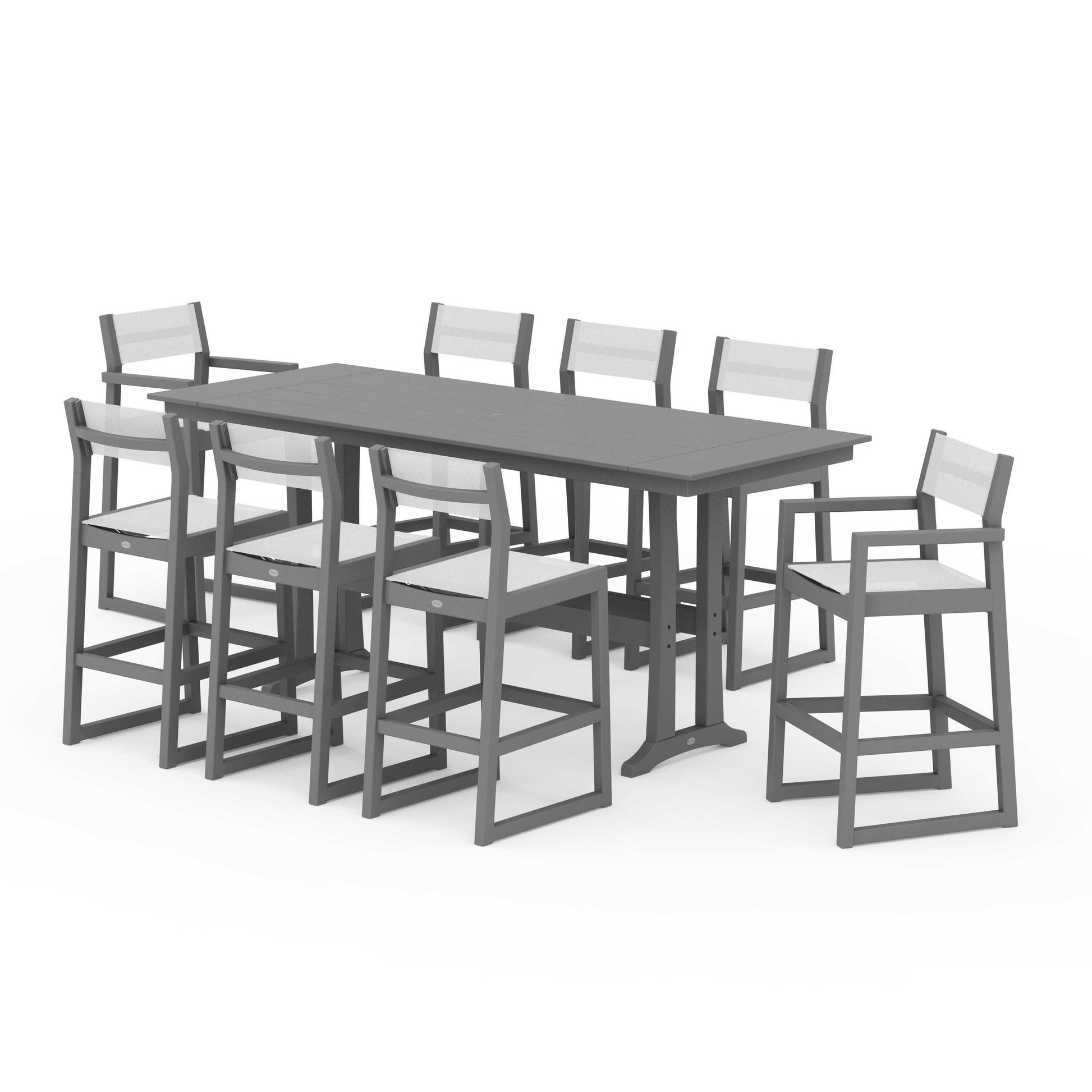 POLYWOOD EDGE Sling 9-Piece Farmhouse Bar Set with Trestle Legs — Slate Grey / White Sling