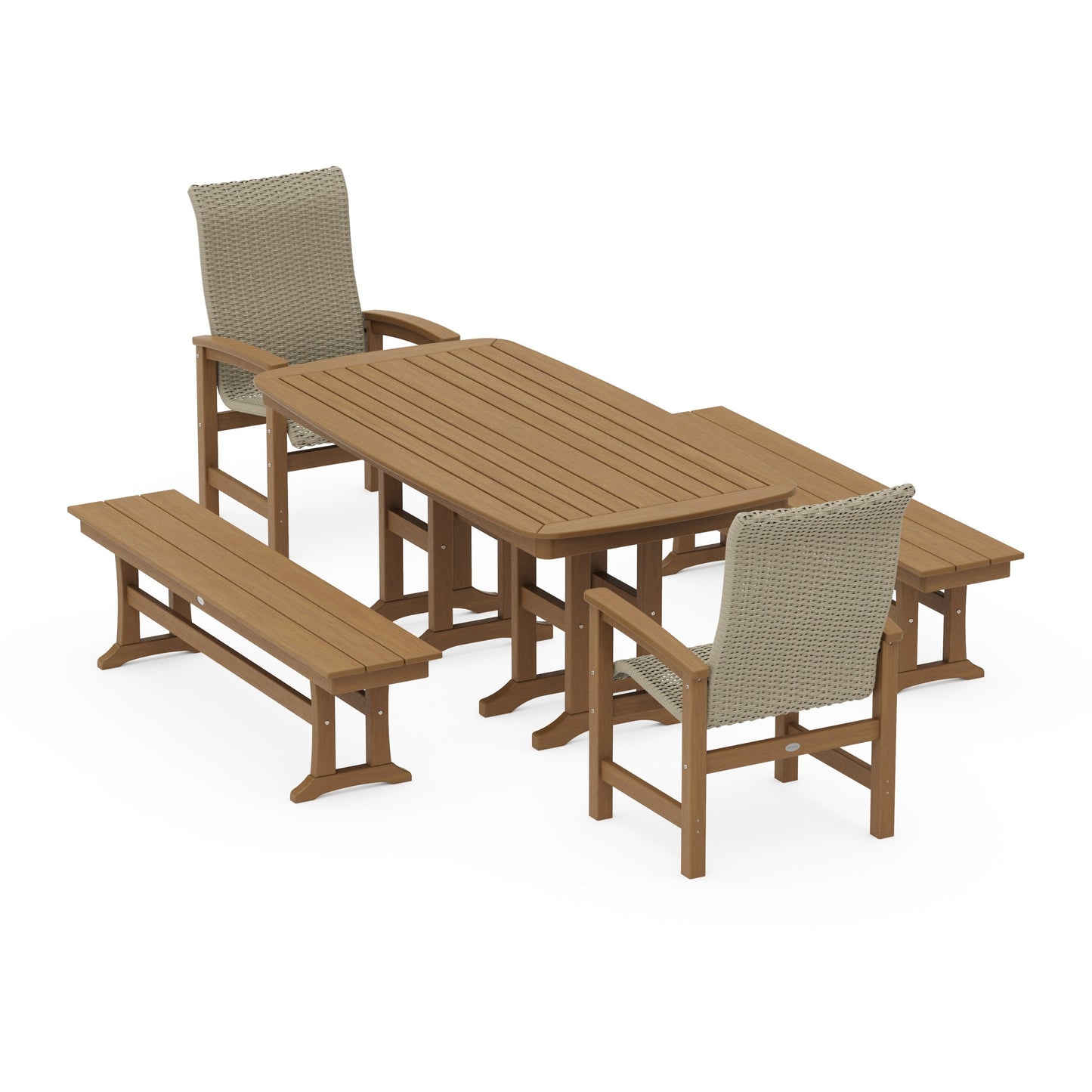 POLYWOOD Coastal Woven High-Back 5-Piece Dining Set with Benches — Natural / Dune Grass