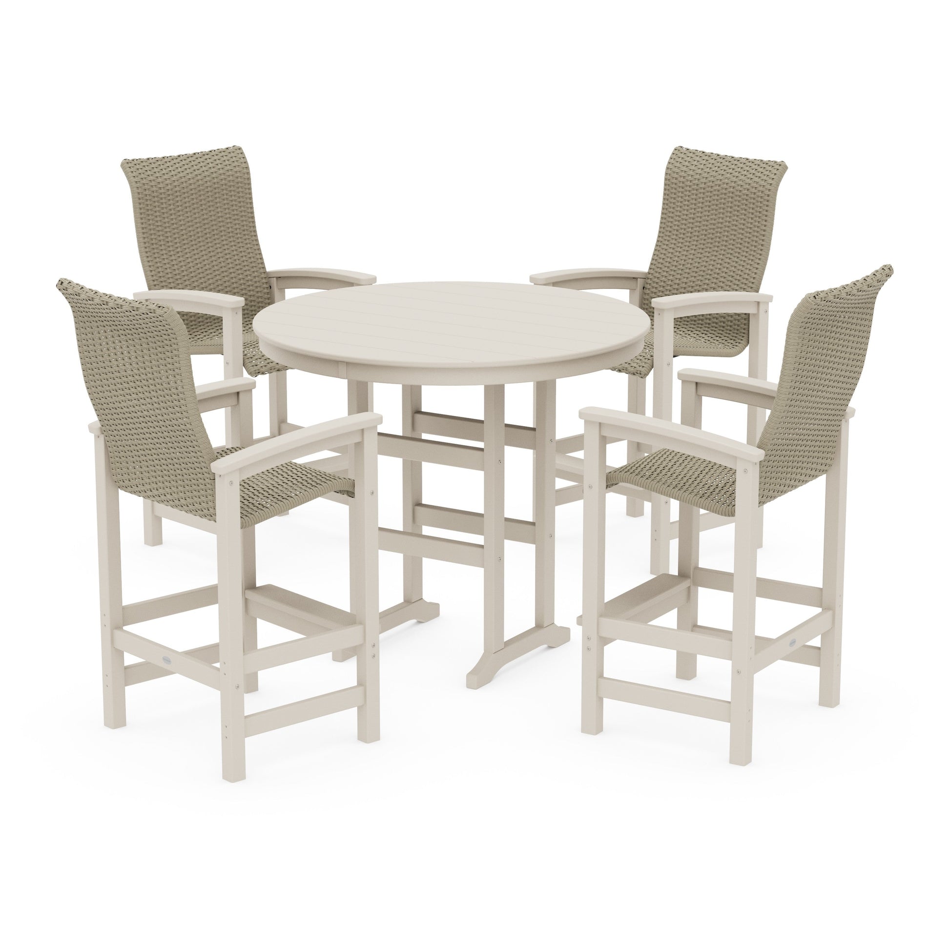 POLYWOOD Coastal Woven High-Back 5-Piece Round Farmhouse Bar Set — Sand / Dune Grass