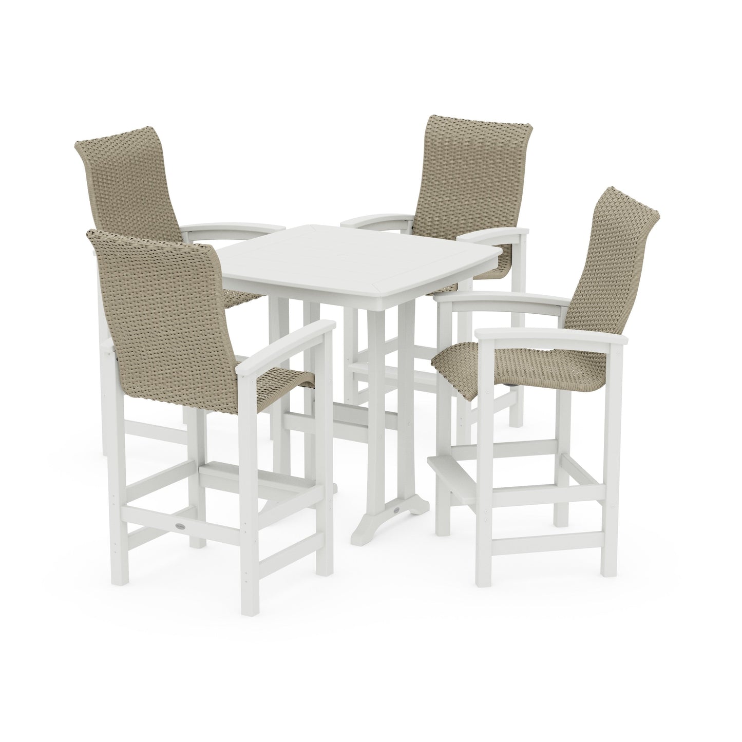 POLYWOOD Coastal Woven High-Back 5-Piece Bar Set with Trestle Legs — White / Dune Grass
