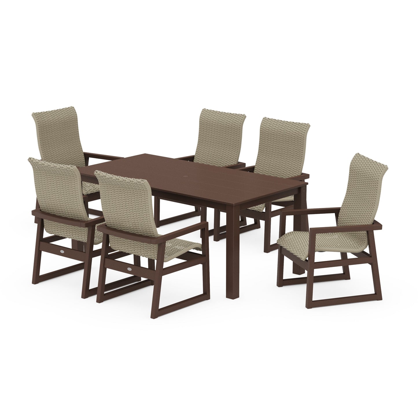 POLYWOOD EDGE Woven Highback Arm Chair 7-Piece Parsons Dining Set — Mahogany / Dune Grass