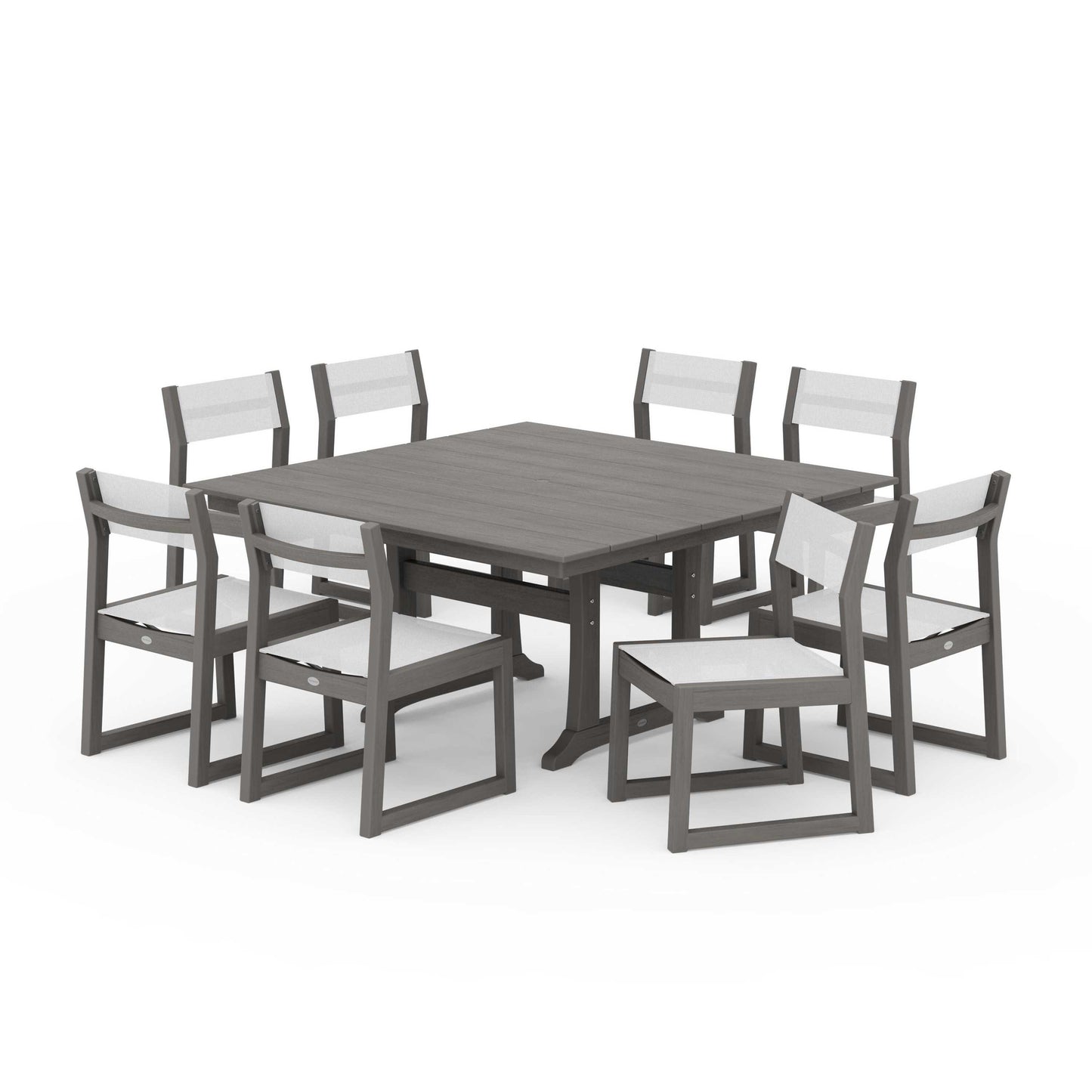 POLYWOOD EDGE Sling Side Chair 9-Piece Farmhouse Trestle Dining Set — Driftwood / White Sling
