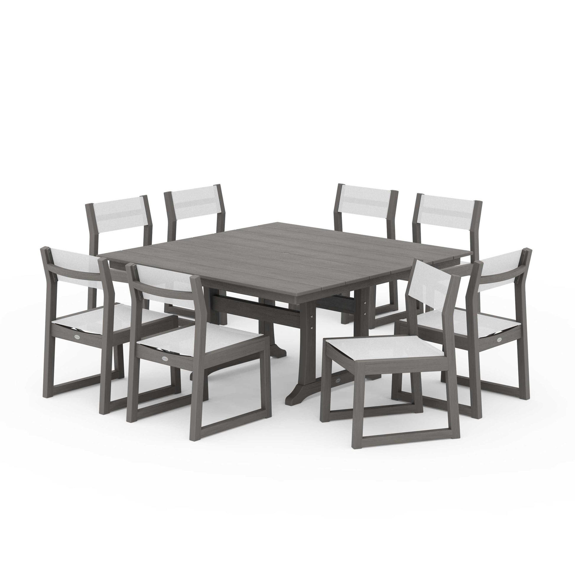 POLYWOOD EDGE Sling Side Chair 9-Piece Farmhouse Trestle Dining Set — Driftwood / White Sling