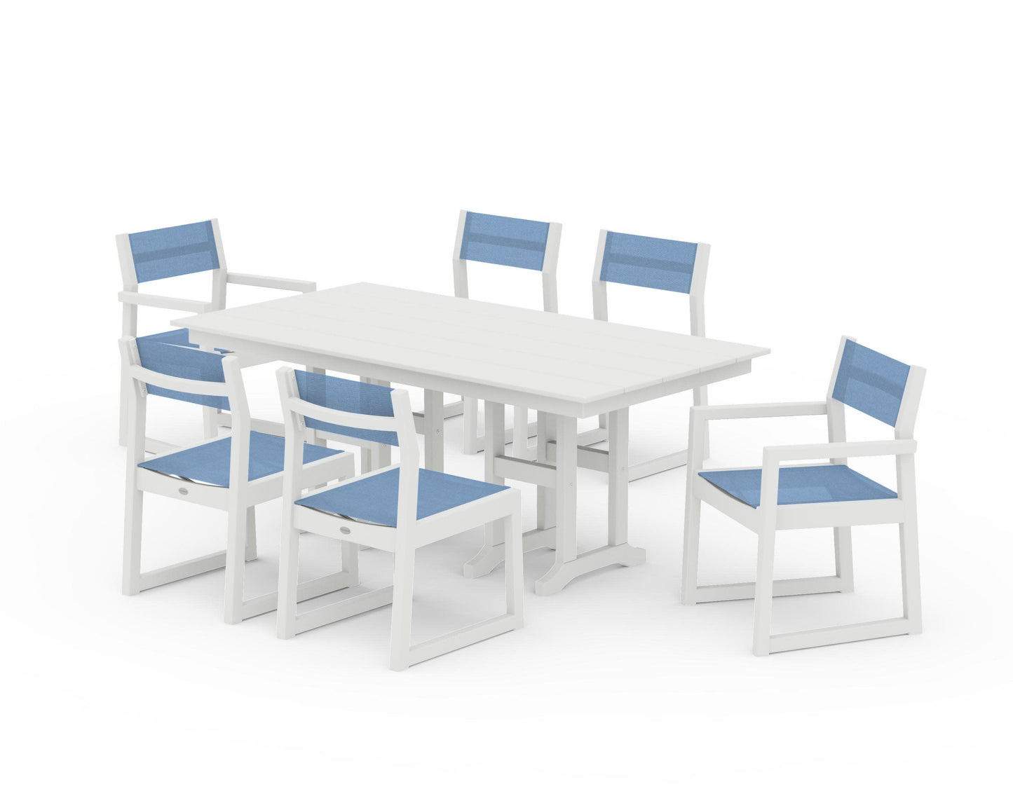POLYWOOD EDGE Sling 7-Piece Farmhouse Dining Set — Vintage White / Poolside Sling