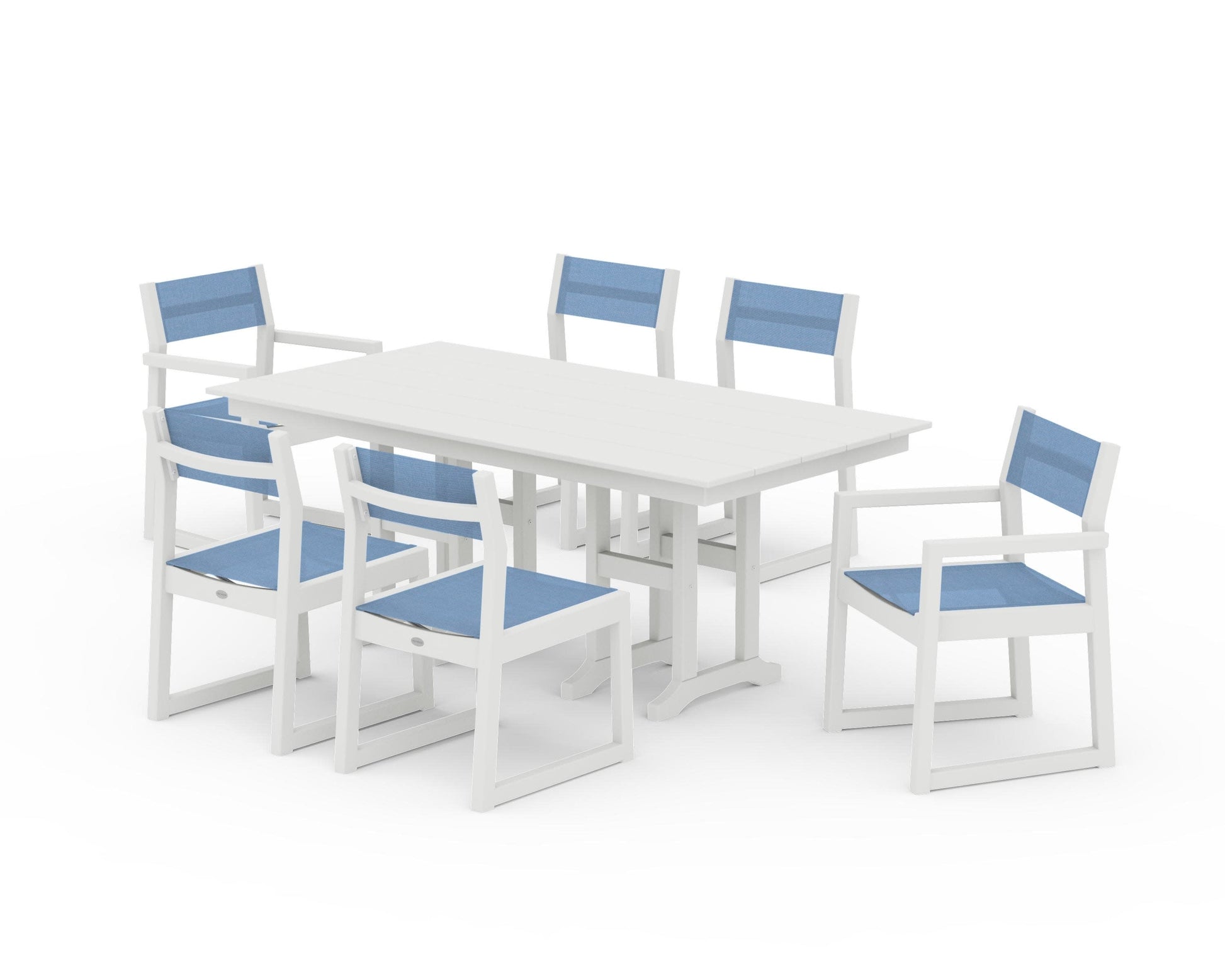 POLYWOOD EDGE Sling 7-Piece Farmhouse Dining Set — Vintage White / Poolside Sling
