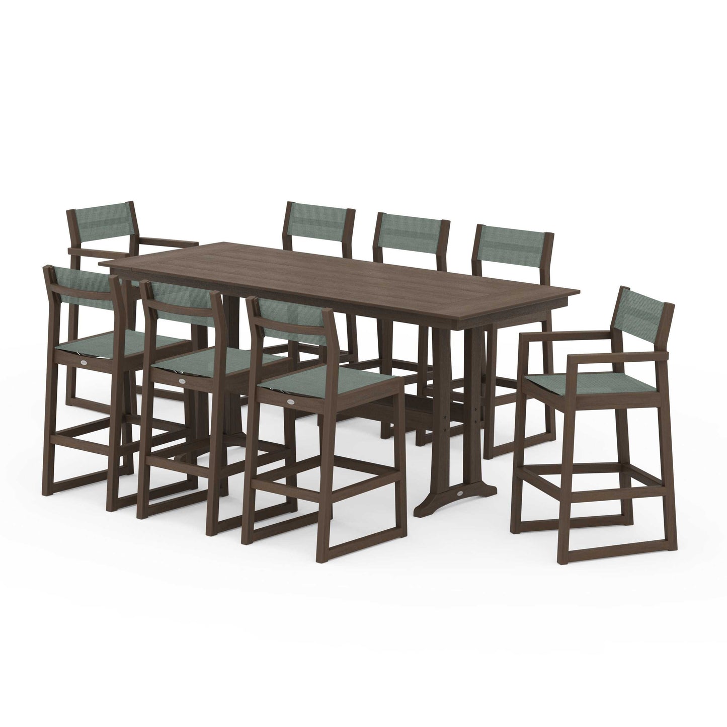 POLYWOOD EDGE Sling 9-Piece Farmhouse Bar Set with Trestle Legs — Kona / Dupioni Sea Mist Sling
