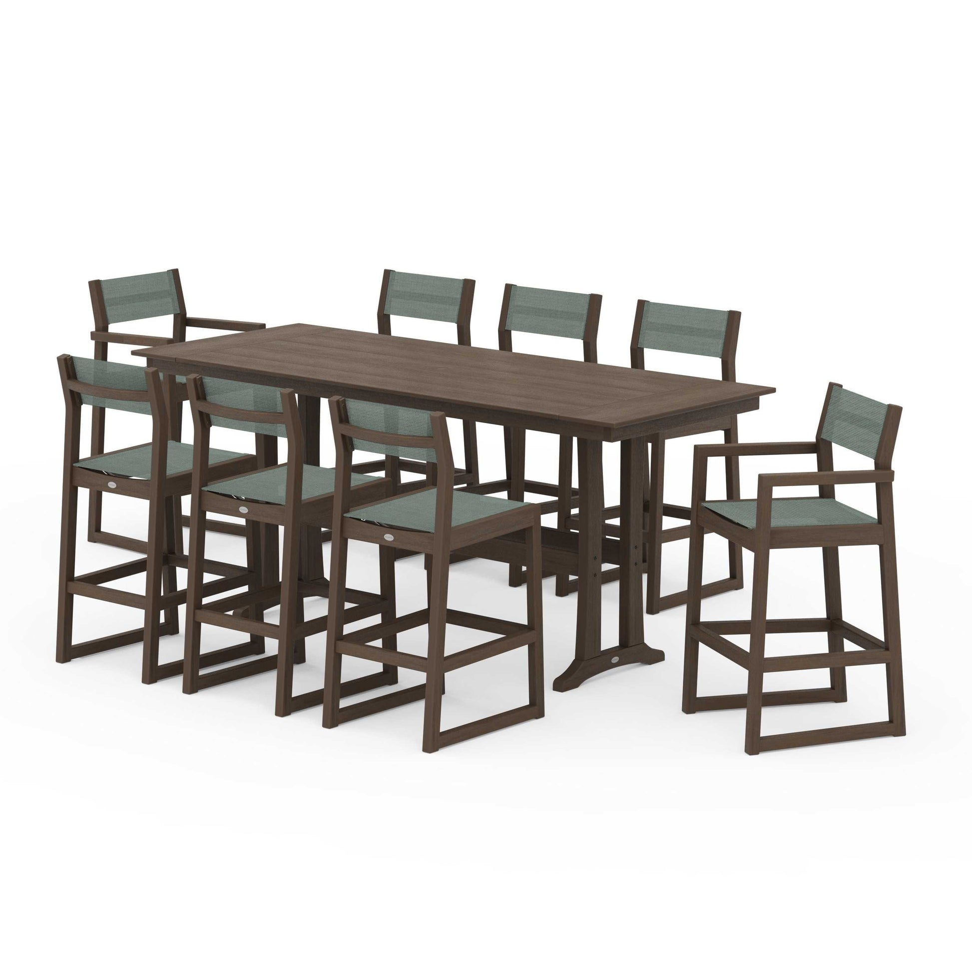 POLYWOOD EDGE Sling 9-Piece Farmhouse Bar Set with Trestle Legs — Kona / Dupioni Sea Mist Sling