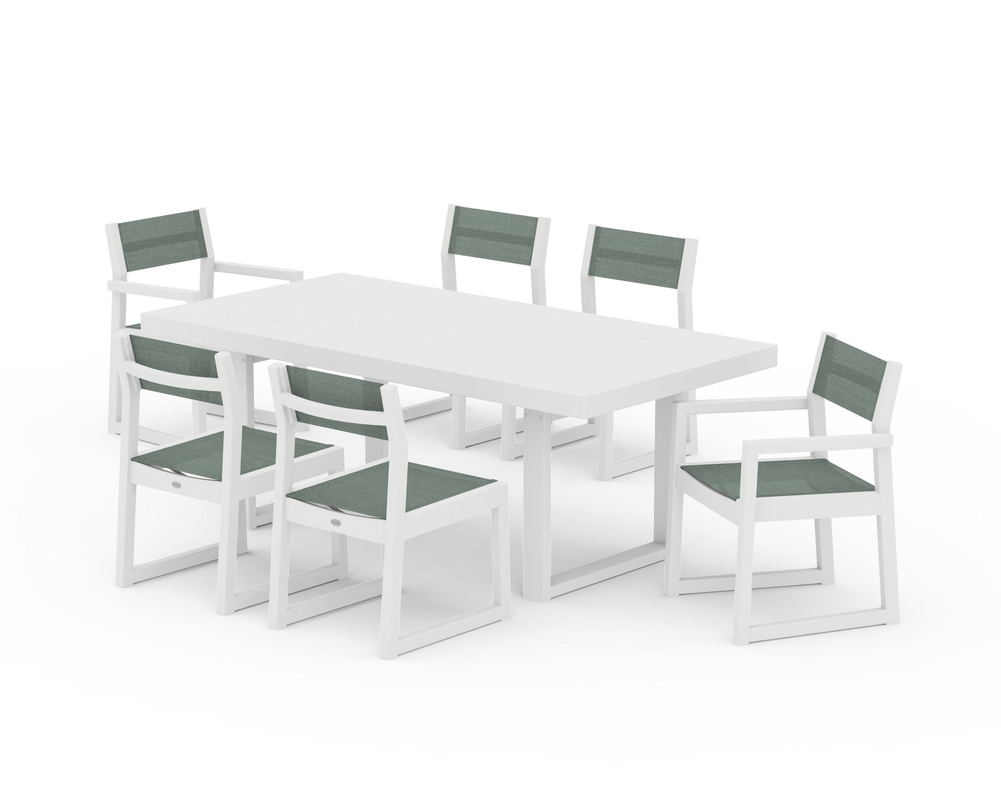 POLYWOOD EDGE Sling 7-Piece Dining Set — White / Dupioni Sea Mist Sling