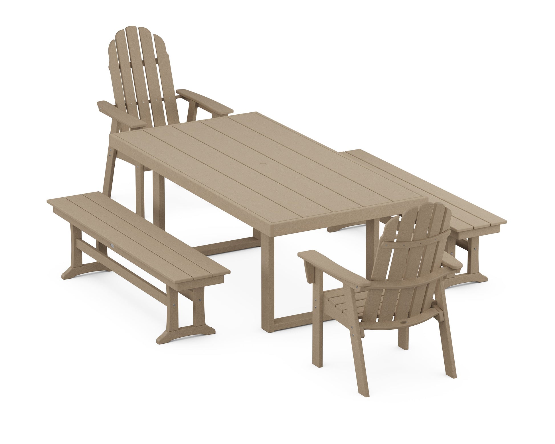 POLYWOOD Vineyard Adirondack 5-Piece Dining Set with Benches — Vintage Sahara