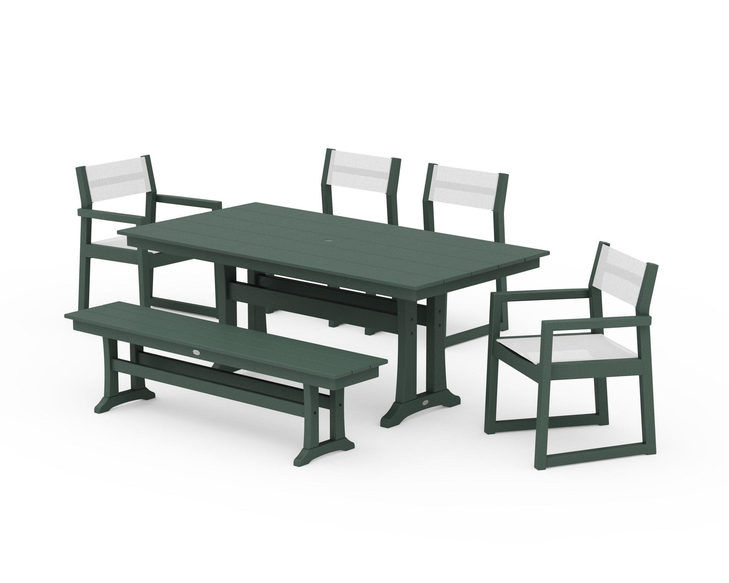 POLYWOOD EDGE Sling 6-Piece Farmhouse Dining Set With Trestle Legs — Green / White Sling
