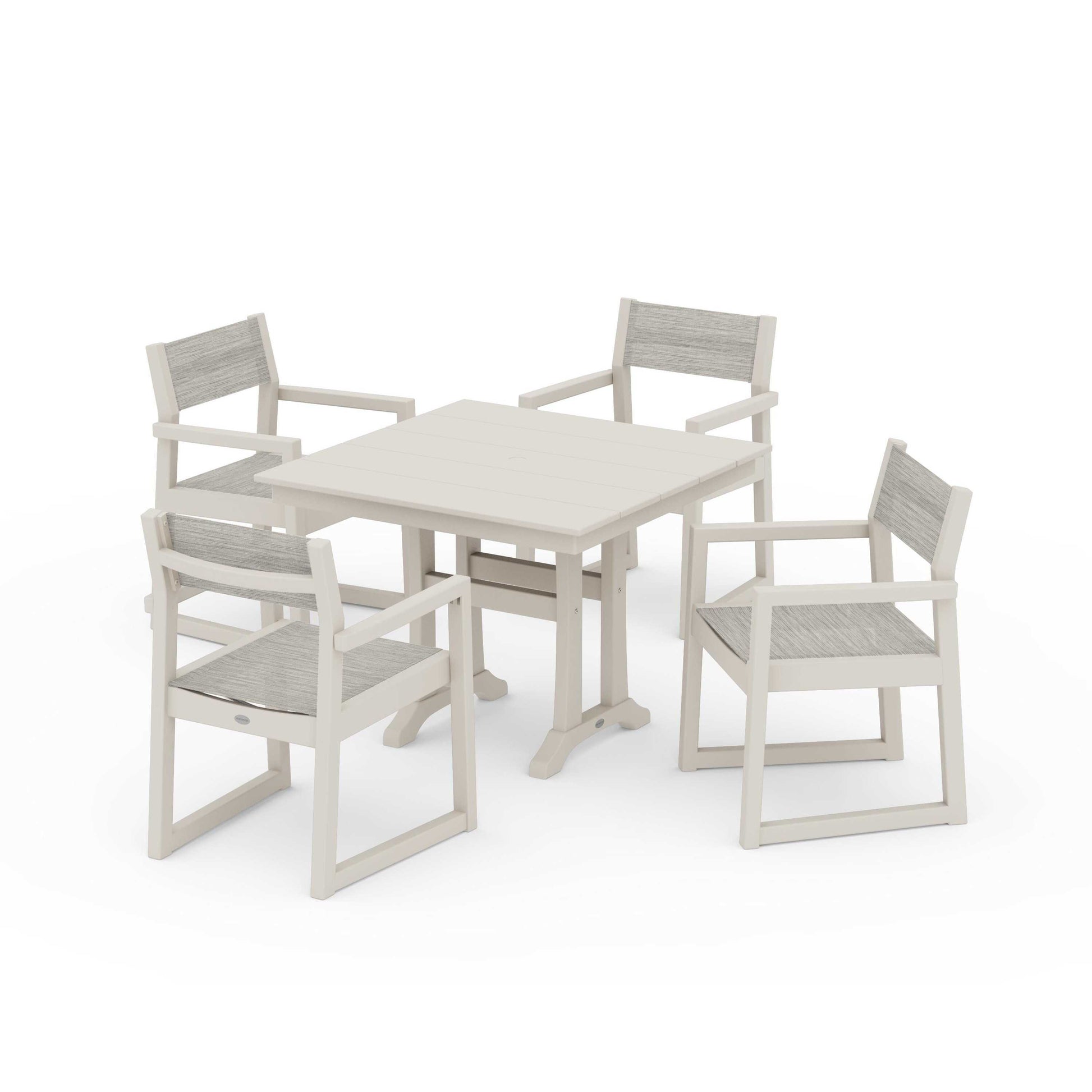POLYWOOD EDGE Sling 5-Piece Farmhouse Dining Set with Trestle Legs — Sand / Birch Sling