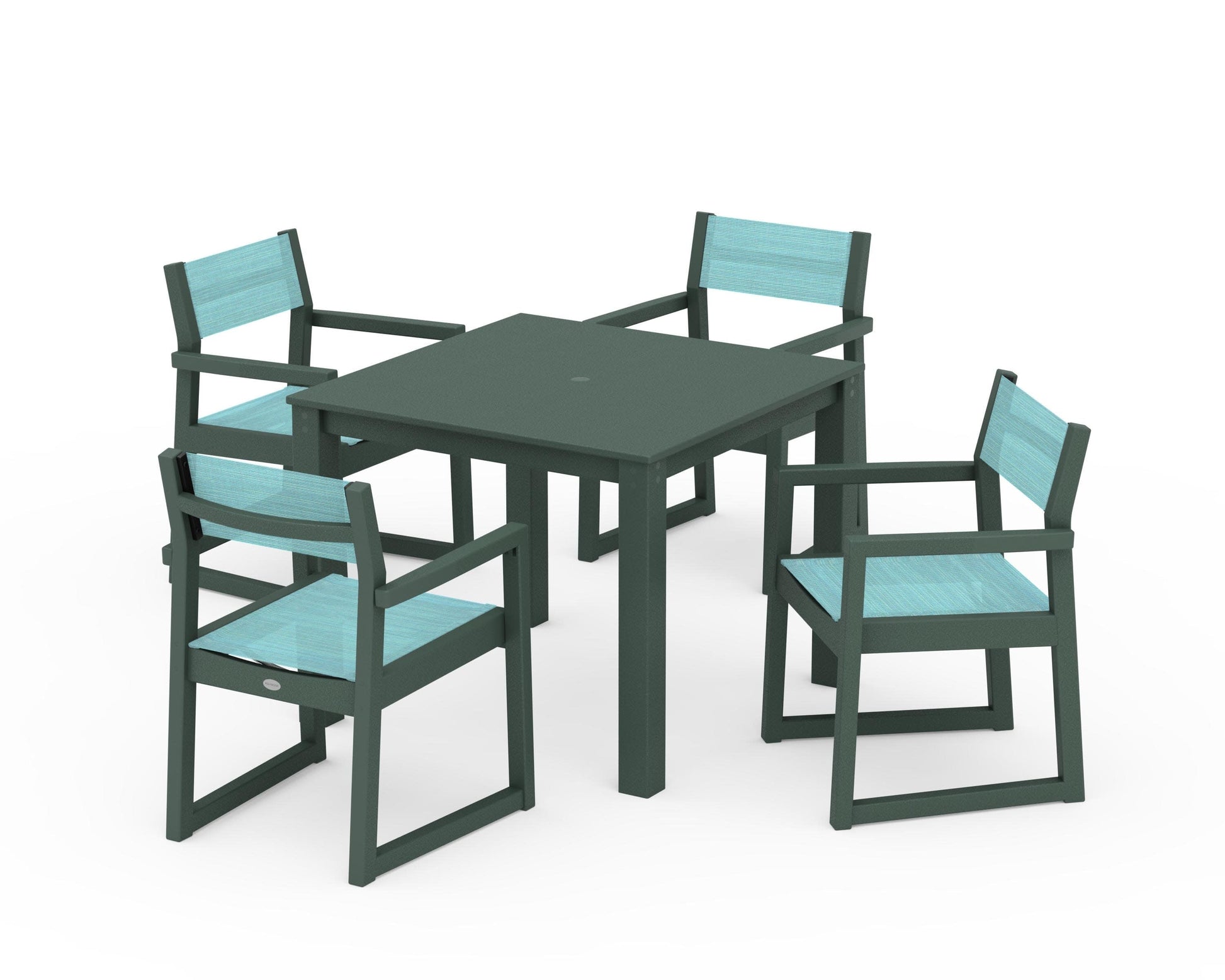 POLYWOOD EDGE Sling Arm Chair 5-Piece Parsons Dining Set — Green / Dupioni Aquamarine Sling