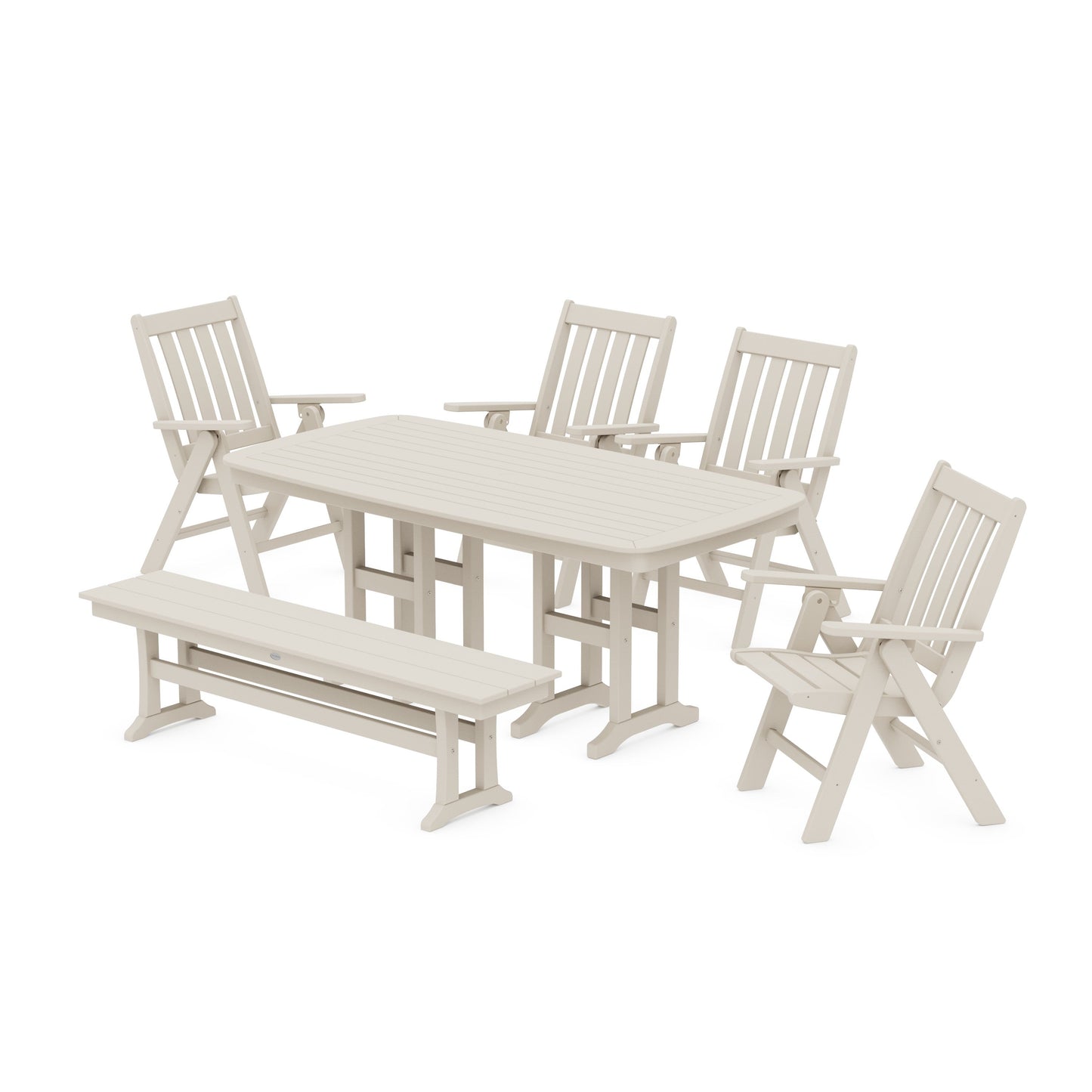 POLYWOOD Vineyard Folding Chair 6-Piece Dining Set with Bench — Sand