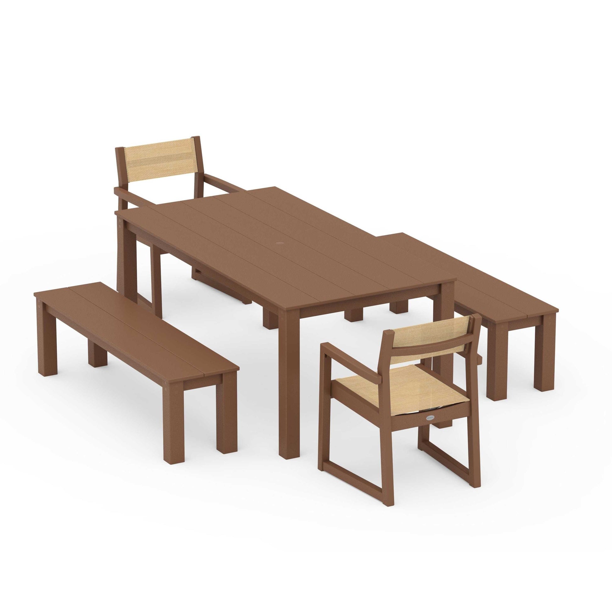 POLYWOOD EDGE Sling Arm Chair 5-Piece Parsons Dining Set with Benches — Teak / Dupioni Apricot Sling