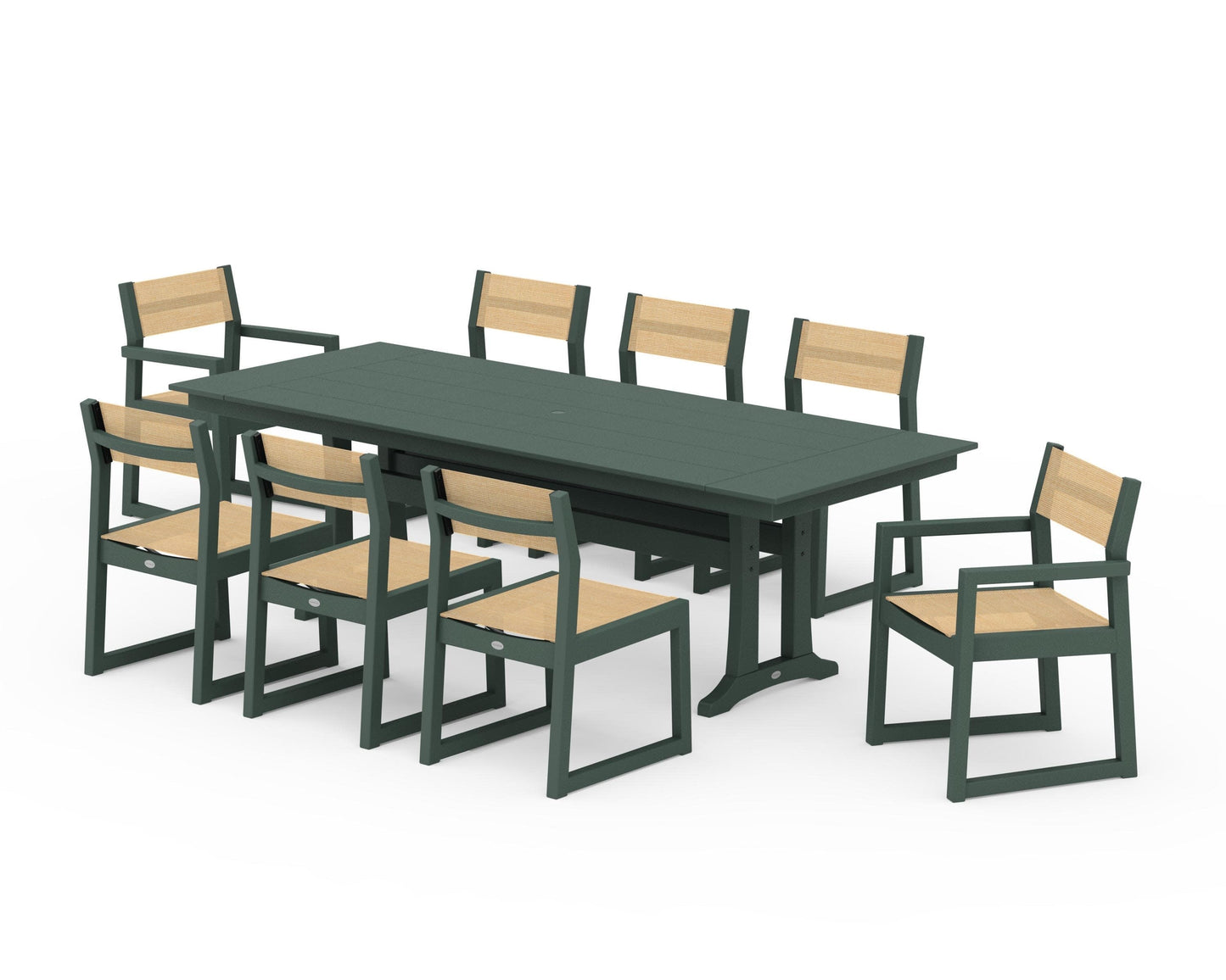 POLYWOOD EDGE Sling 9-Piece Farmhouse Trestle Dining Set — Green / Dupioni Apricot Sling