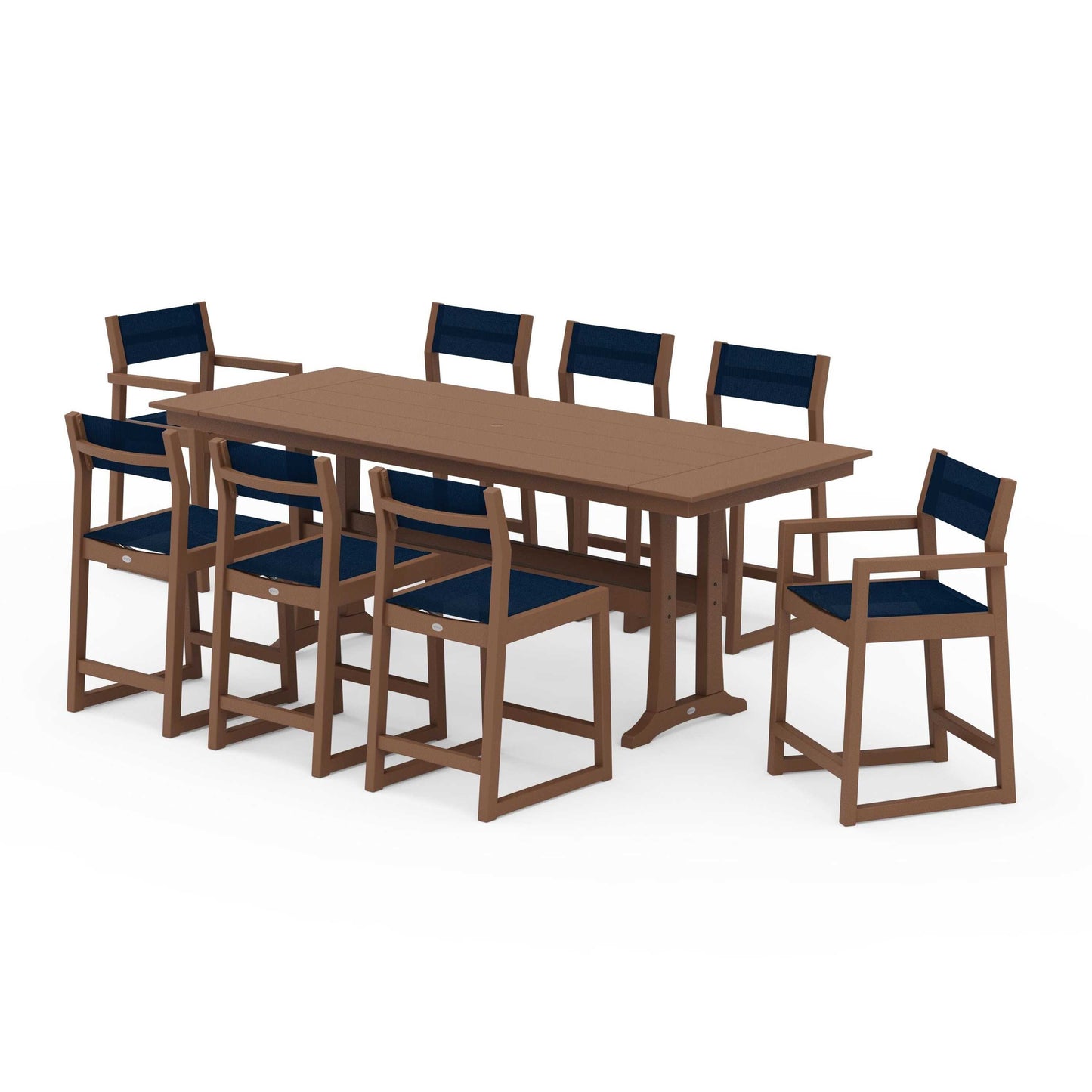 POLYWOOD EDGE Sling 9-Piece Farmhouse Counter Set with Trestle Legs — Teak / Navy Blue Sling