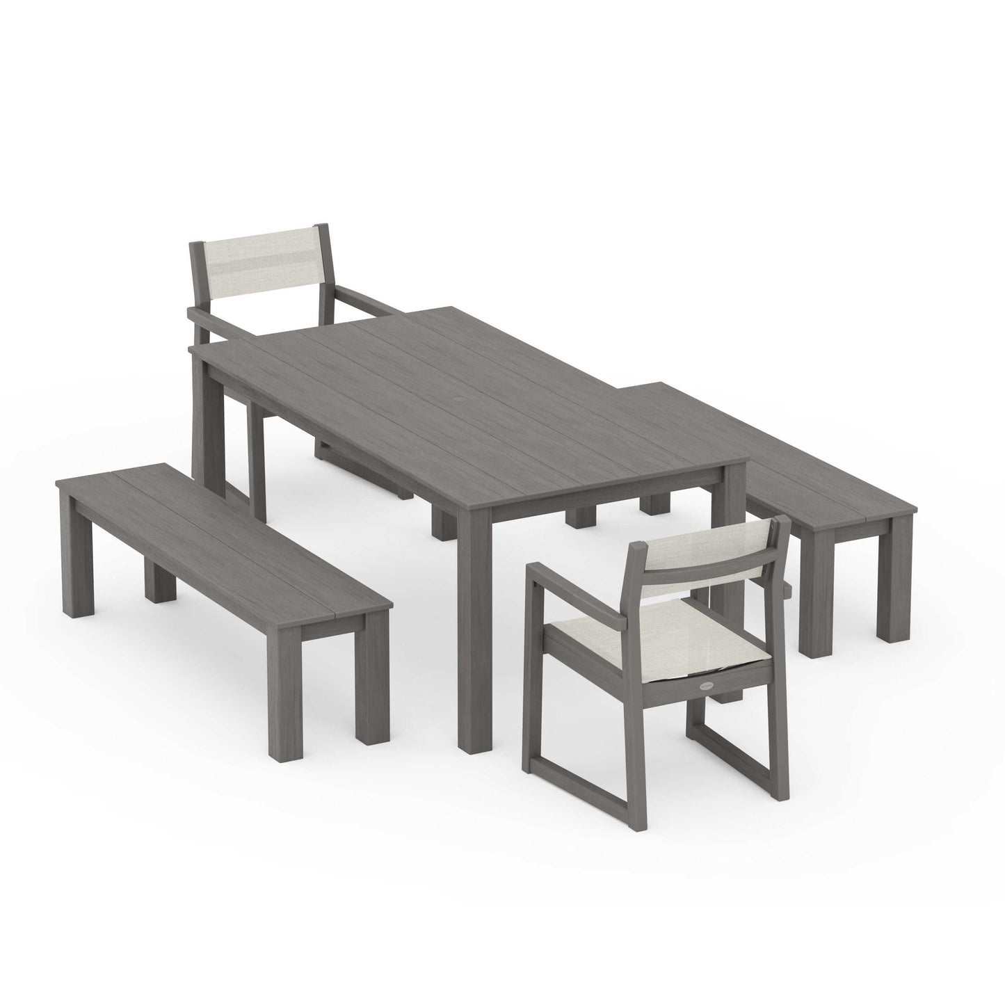 POLYWOOD EDGE Sling Arm Chair 5-Piece Parsons Dining Set with Benches — Driftwood / Parchment Sling
