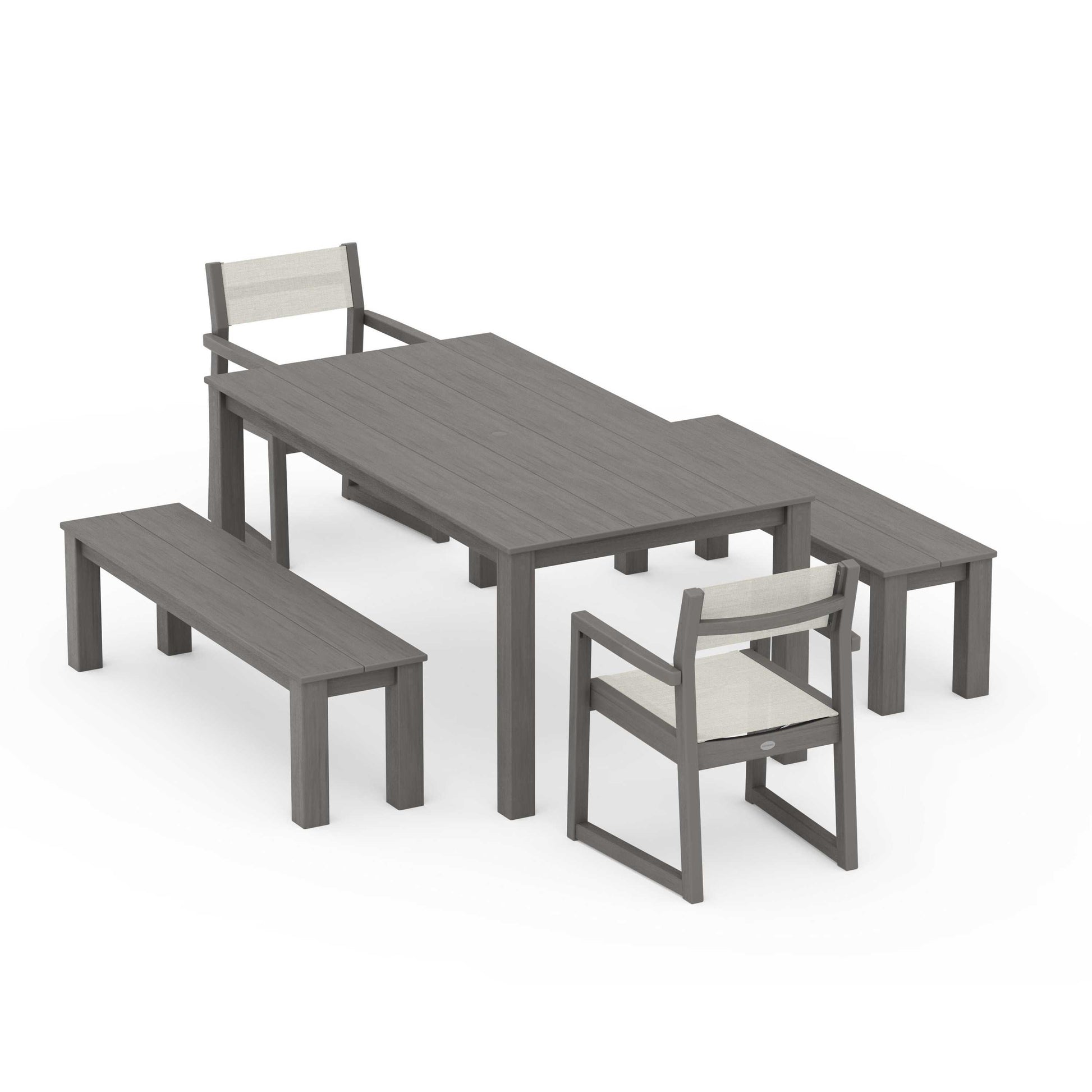 POLYWOOD EDGE Sling Arm Chair 5-Piece Parsons Dining Set with Benches — Driftwood / Parchment Sling