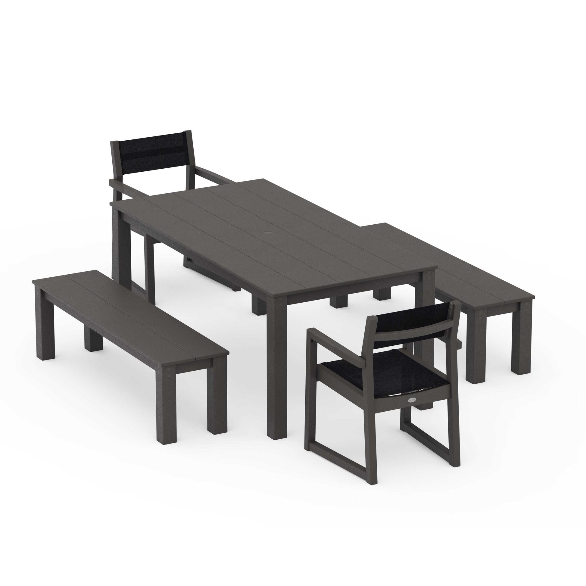 POLYWOOD EDGE Sling Arm Chair 5-Piece Parsons Dining Set with Benches — Vintage Coffee / Black Sling