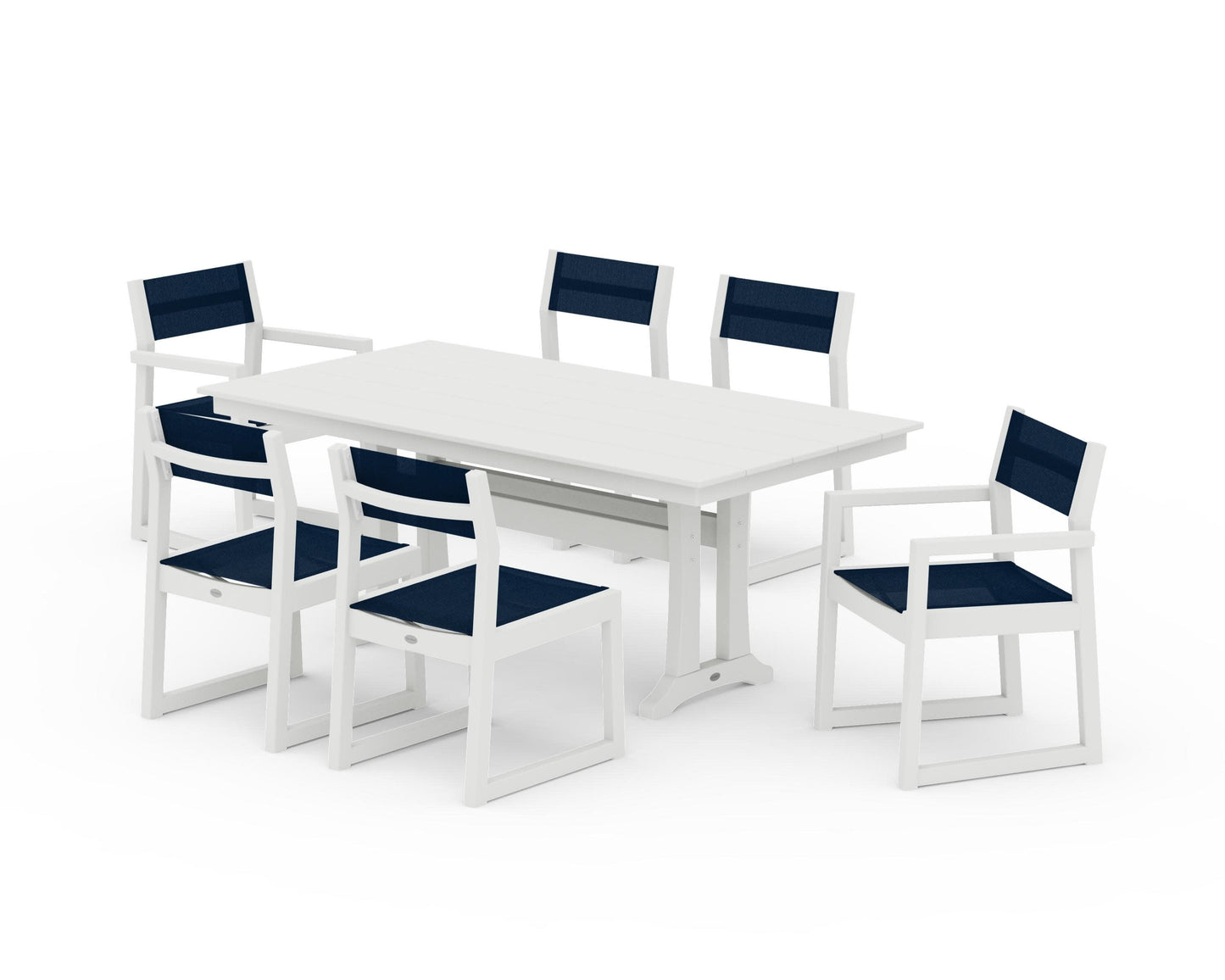 POLYWOOD EDGE Sling 7-Piece Farmhouse Trestle Dining Set — Vintage White / Navy Blue Sling