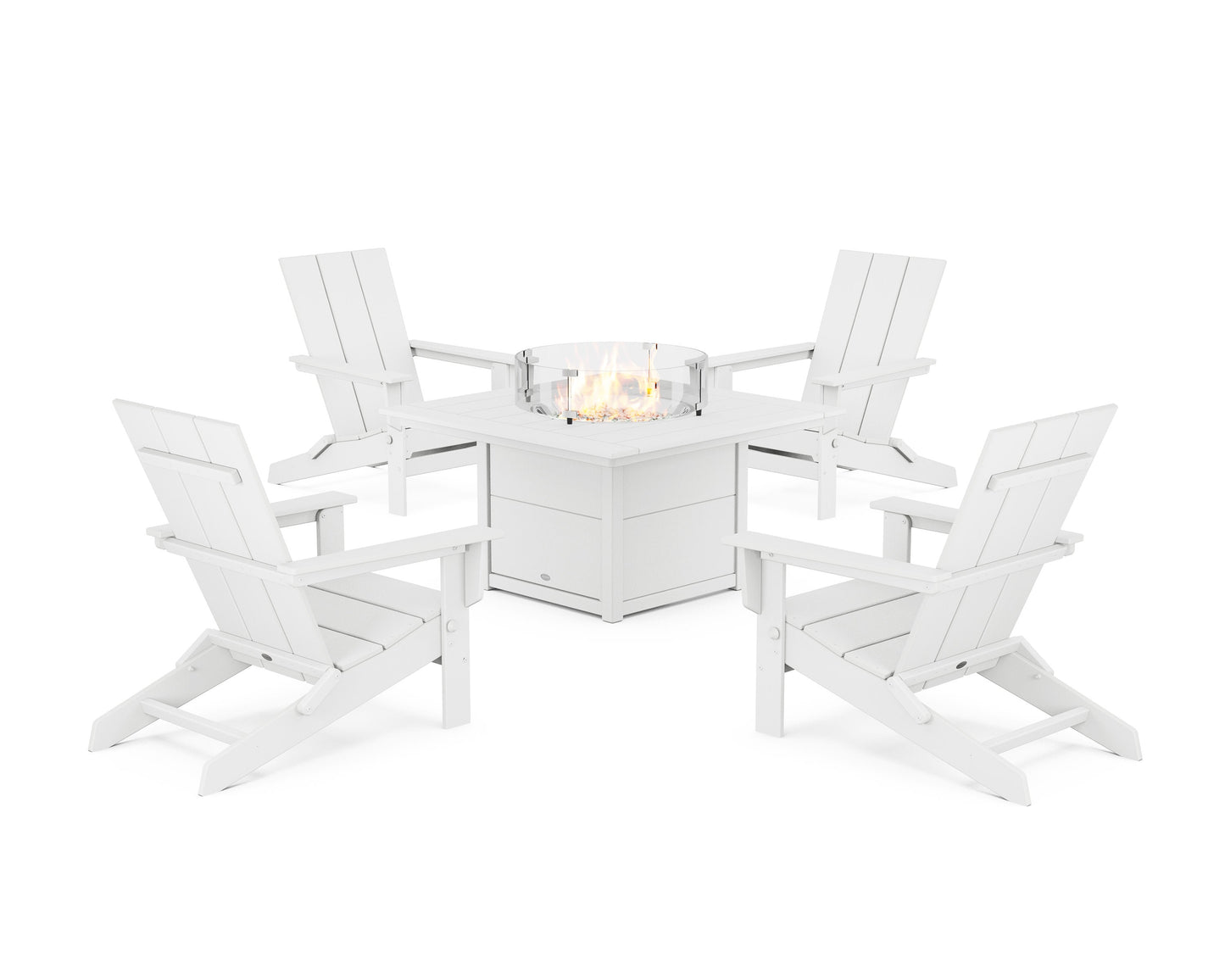 POLYWOOD 5-Piece Modern Studio Folding Adirondack Conversation Set with Fire Pit Table — White