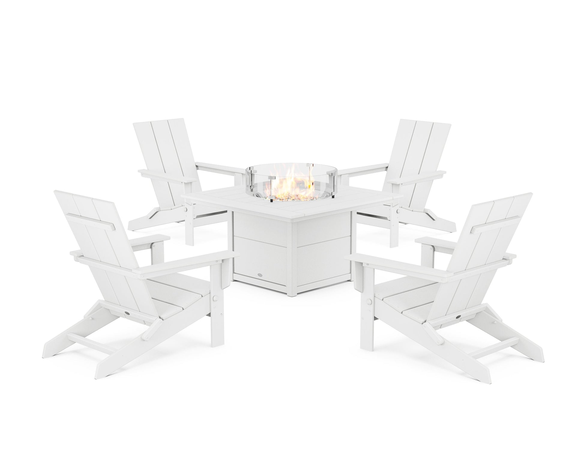 POLYWOOD 5-Piece Modern Studio Folding Adirondack Conversation Set with Fire Pit Table — White