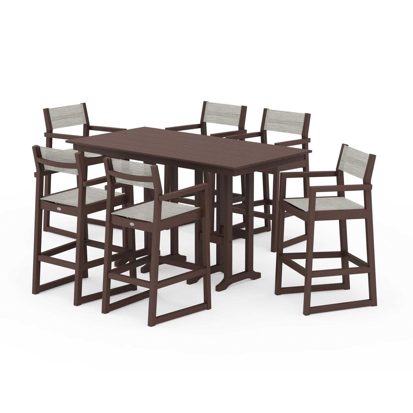 POLYWOOD EDGE Sling Arm Chair 7-Piece Farmhouse Bar Set — Mahogany / Birch Sling