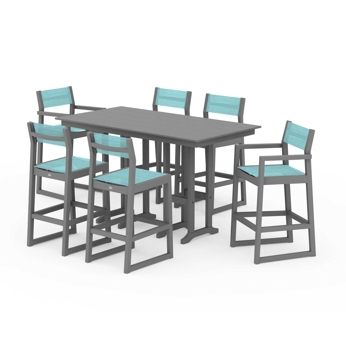POLYWOOD EDGE Sling 7-Piece Farmhouse Bar Set — Slate Grey / Dupioni Aquamarine Sling