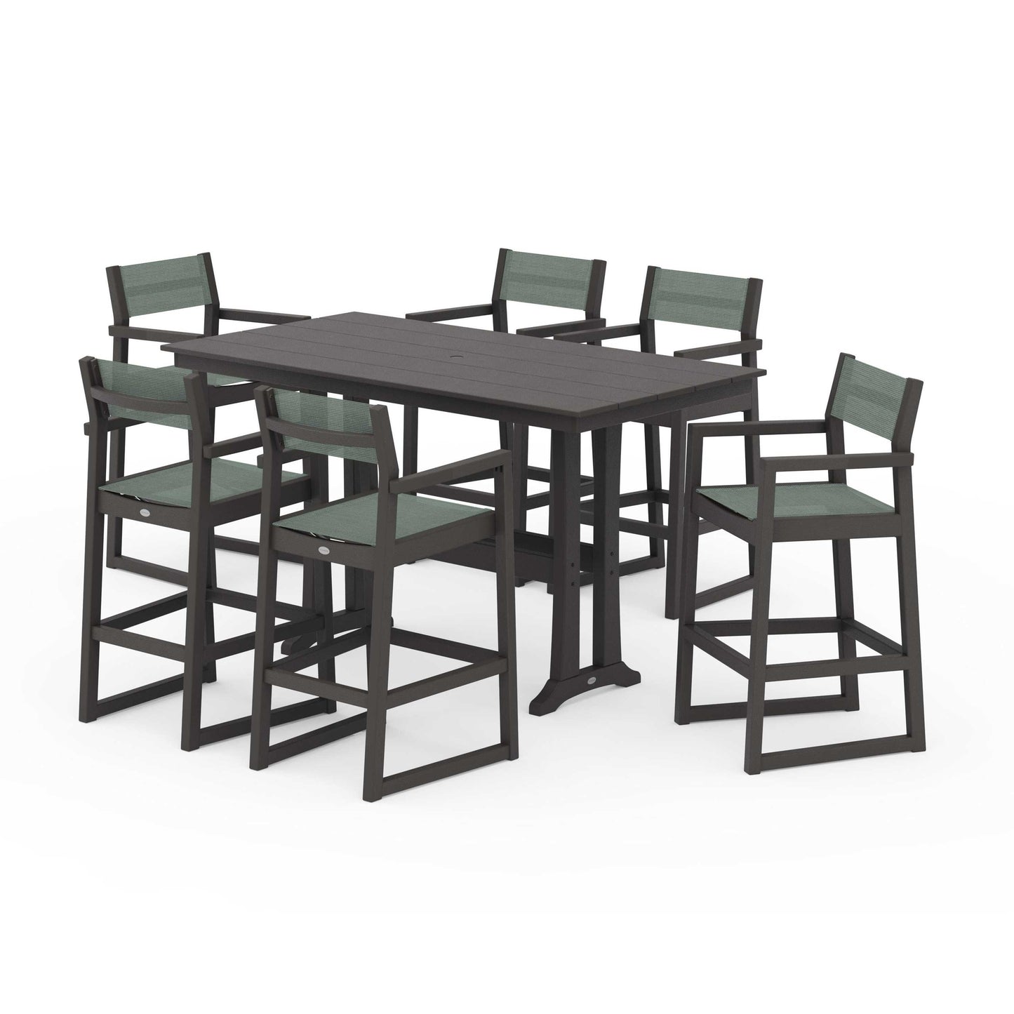 POLYWOOD EDGE Sling Arm Chair 7-Piece Farmhouse Bar Set with Trestle Legs — Vintage Coffee / Dupioni Sea Mist Sling