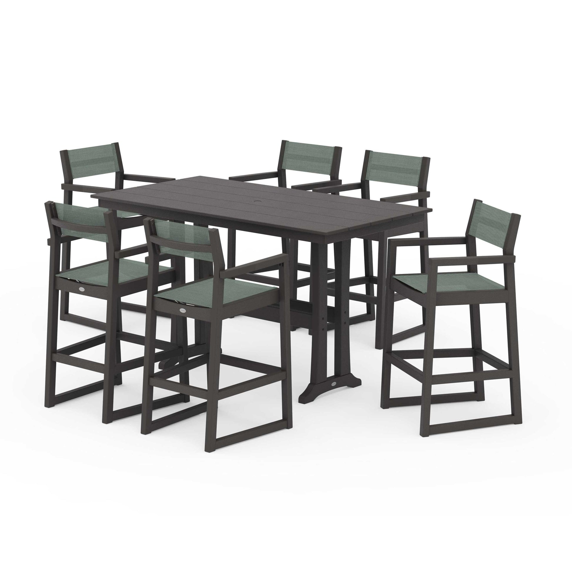 POLYWOOD EDGE Sling Arm Chair 7-Piece Farmhouse Bar Set with Trestle Legs — Vintage Coffee / Dupioni Sea Mist Sling