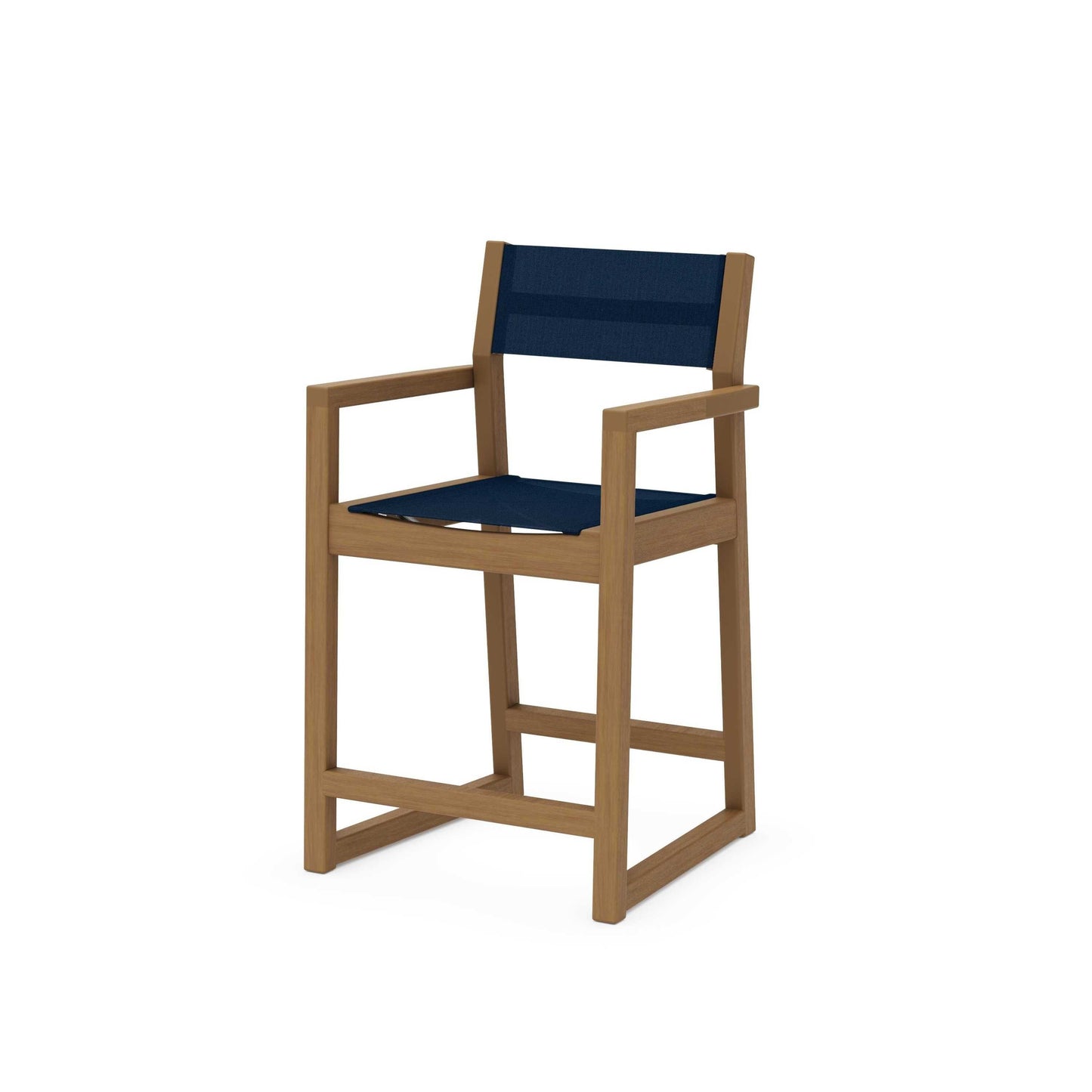 POLYWOOD EDGE Sling Counter Arm Chair — Natural / Navy Blue Sling