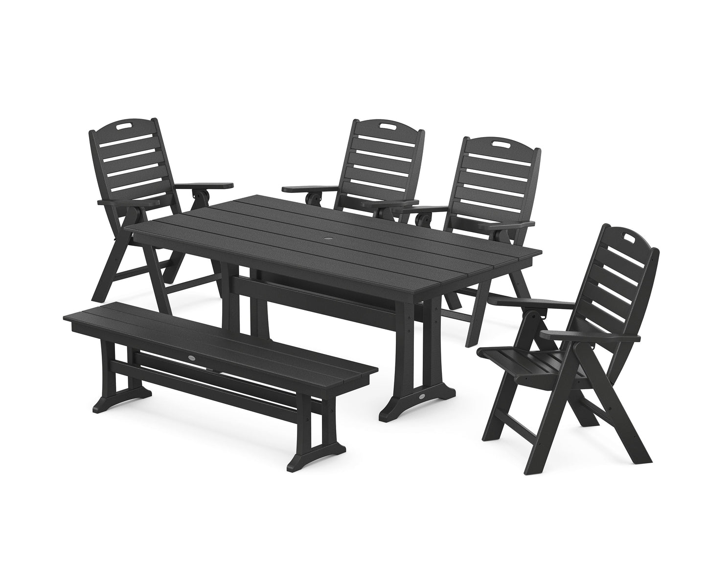 POLYWOOD Nautical Highback 6-Piece Farmhouse Dining Set with Trestle Legs and Bench — Black