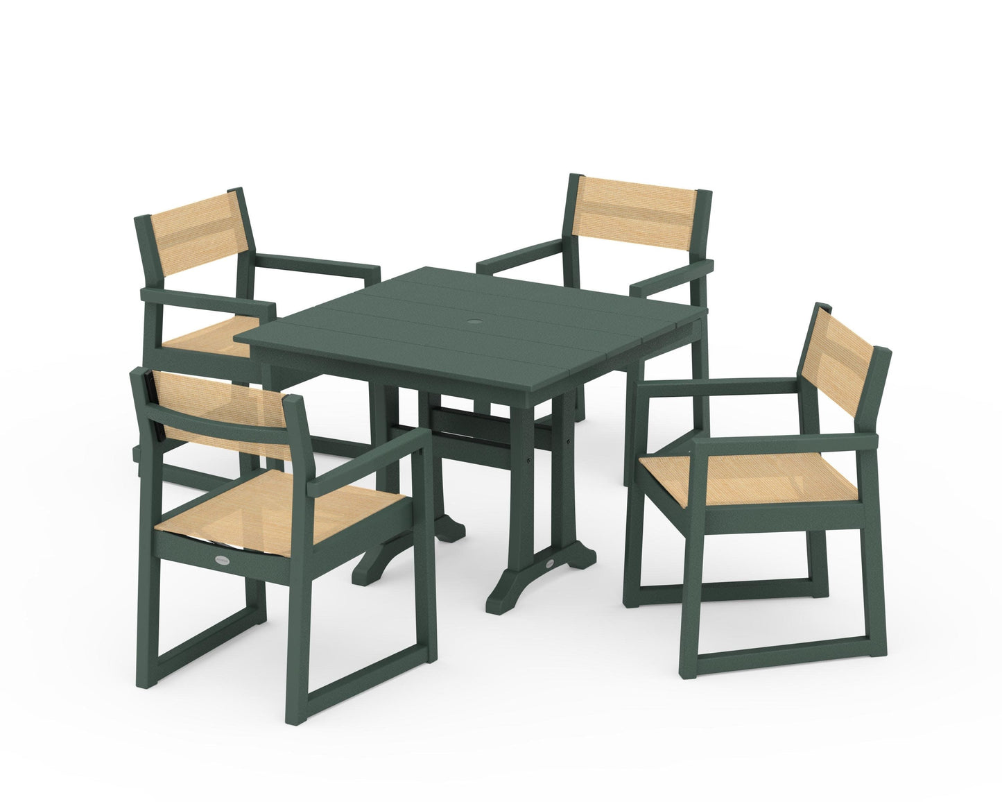 POLYWOOD EDGE Sling 5-Piece Farmhouse Dining Set with Trestle Legs — Green / Dupioni Apricot Sling