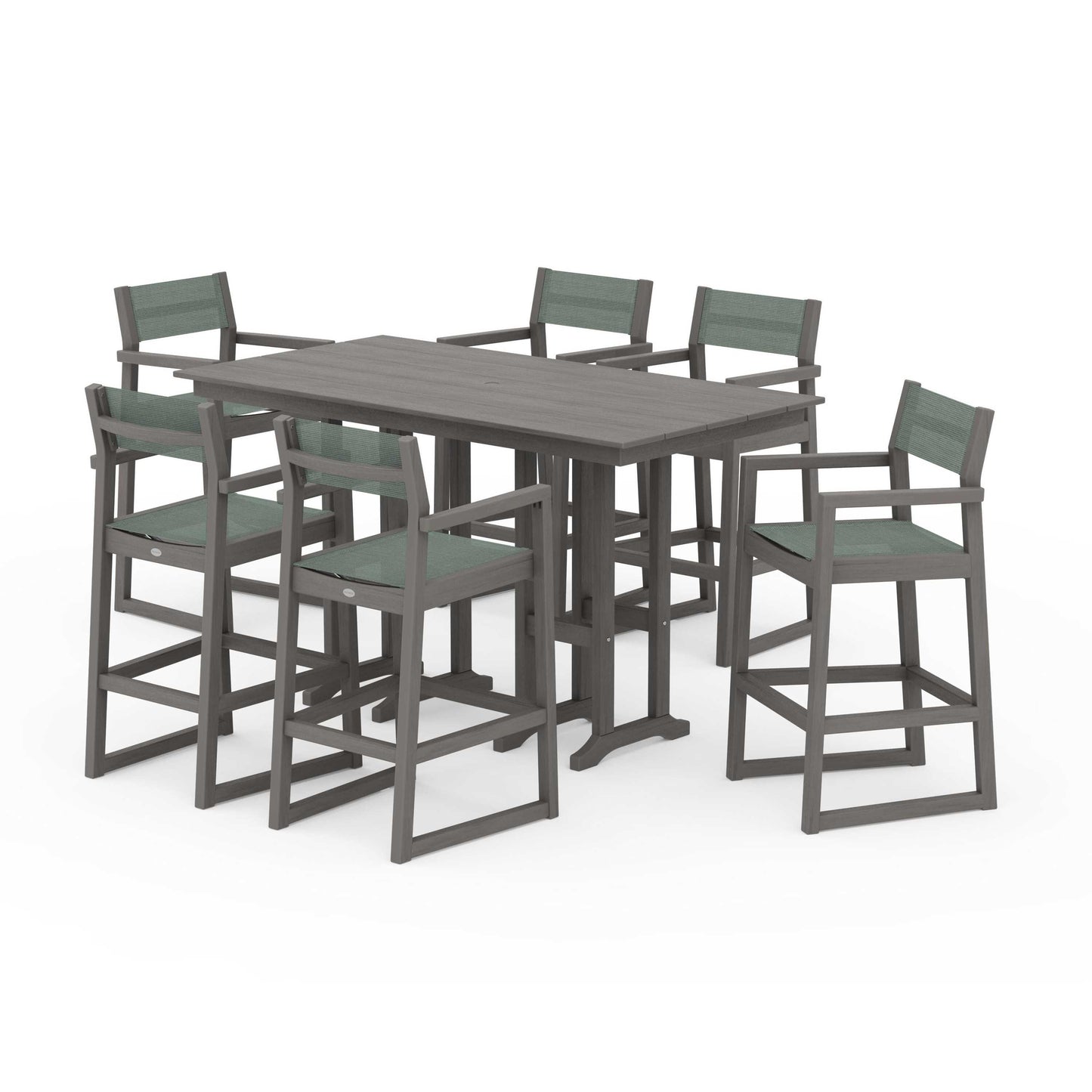 POLYWOOD EDGE Sling Arm Chair 7-Piece Farmhouse Bar Set — Driftwood / Dupioni Sea Mist Sling