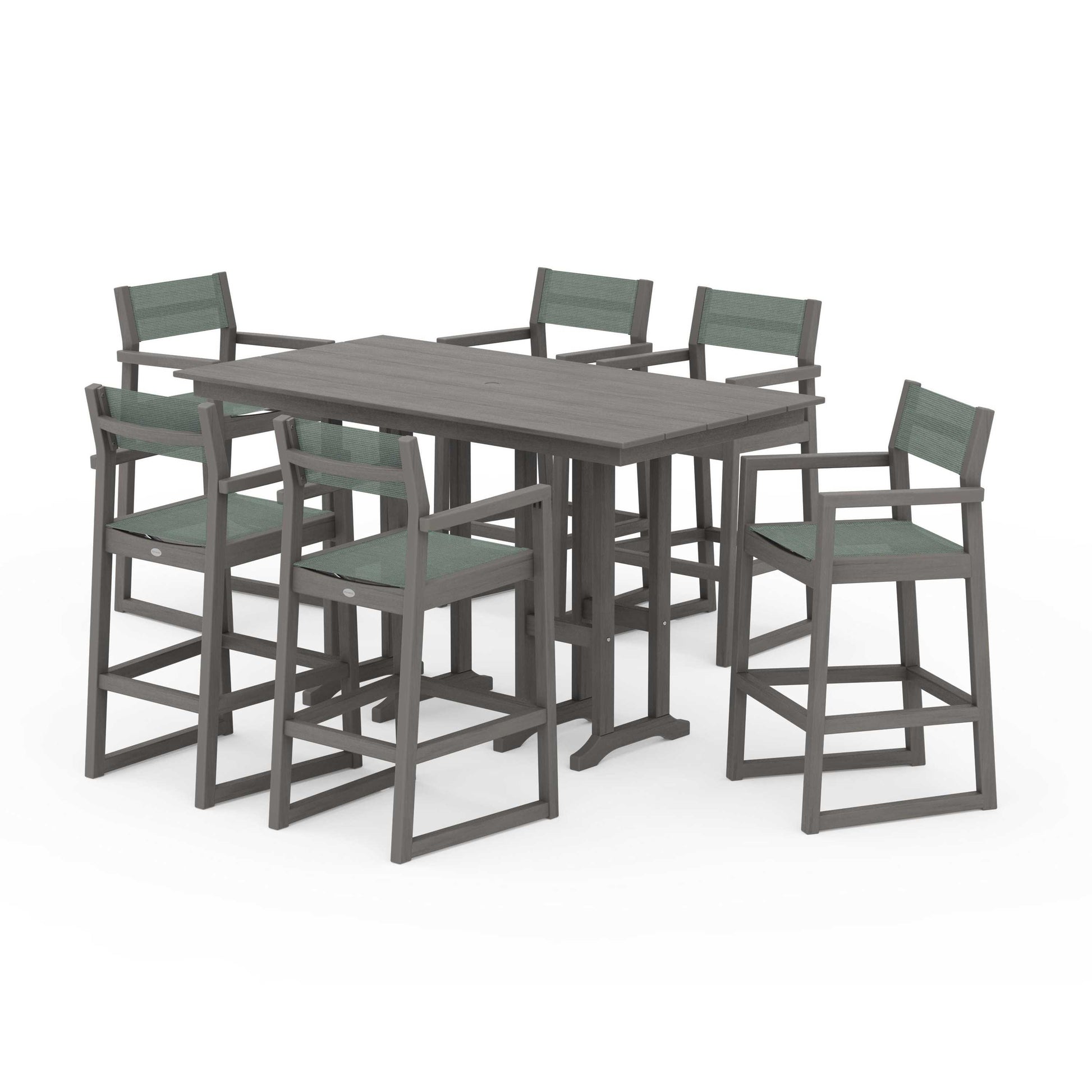 POLYWOOD EDGE Sling Arm Chair 7-Piece Farmhouse Bar Set — Driftwood / Dupioni Sea Mist Sling