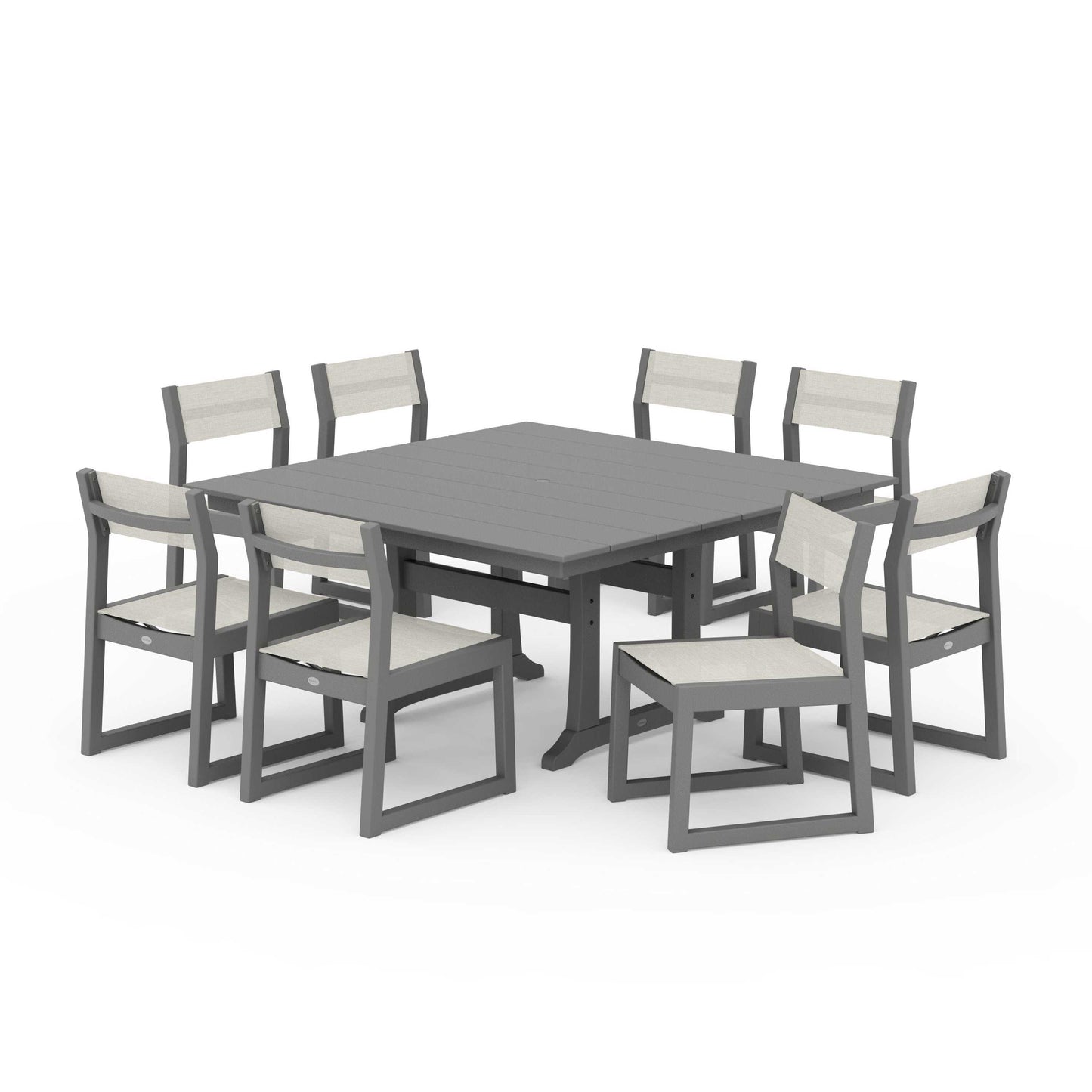 POLYWOOD EDGE Sling Side Chair 9-Piece Farmhouse Trestle Dining Set — Slate Grey / Parchment Sling