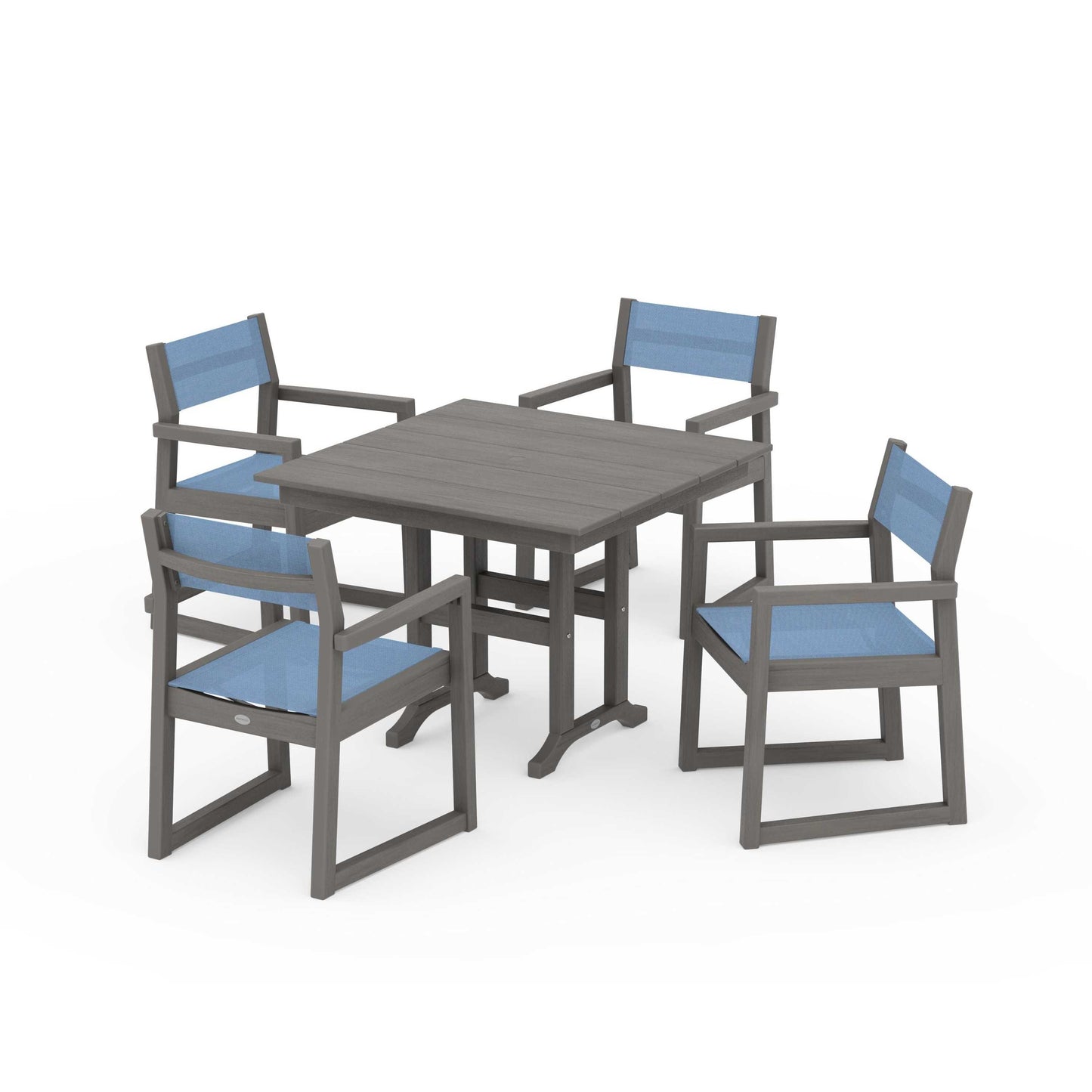 POLYWOOD EDGE Sling Arm Chair 5-Piece Farmhouse Dining Set — Driftwood / Poolside Sling