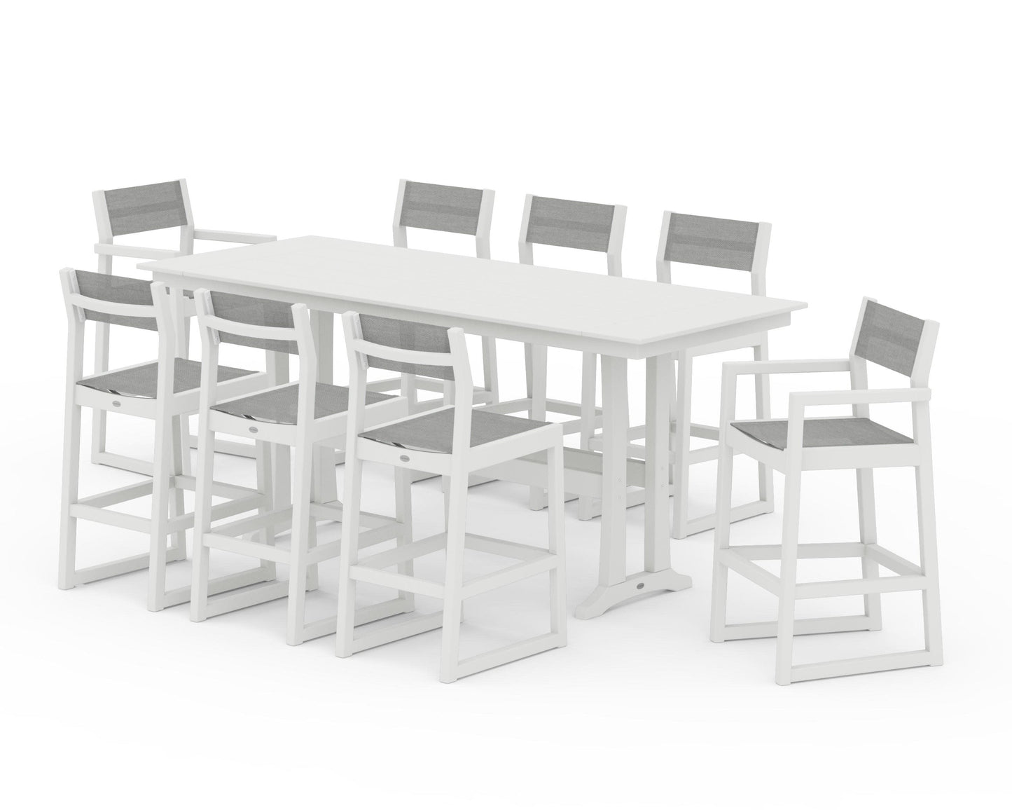 POLYWOOD EDGE Sling 9-Piece Farmhouse Bar Set with Trestle Legs — Vintage White / Metallic Sling